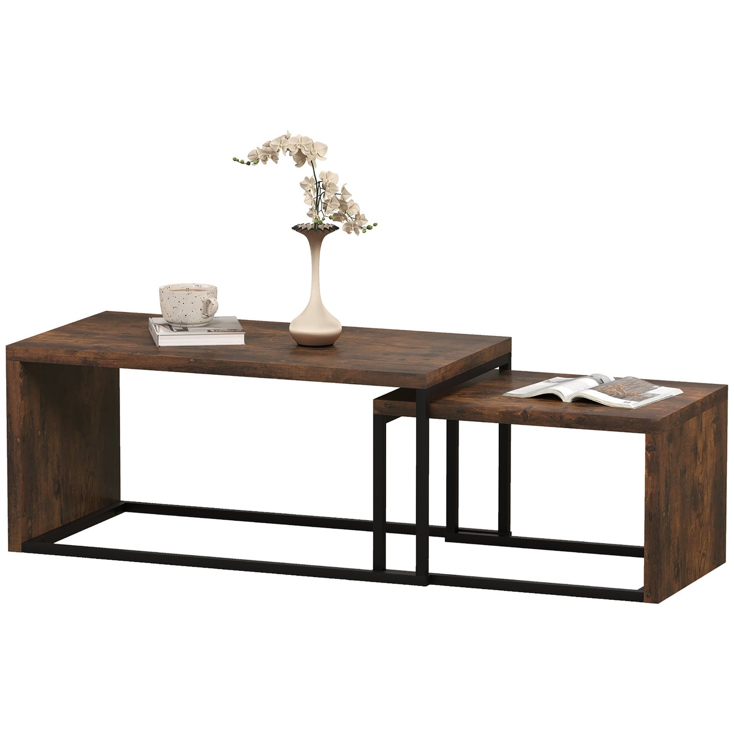 Multifunctional coffee table set - black & brown metal base