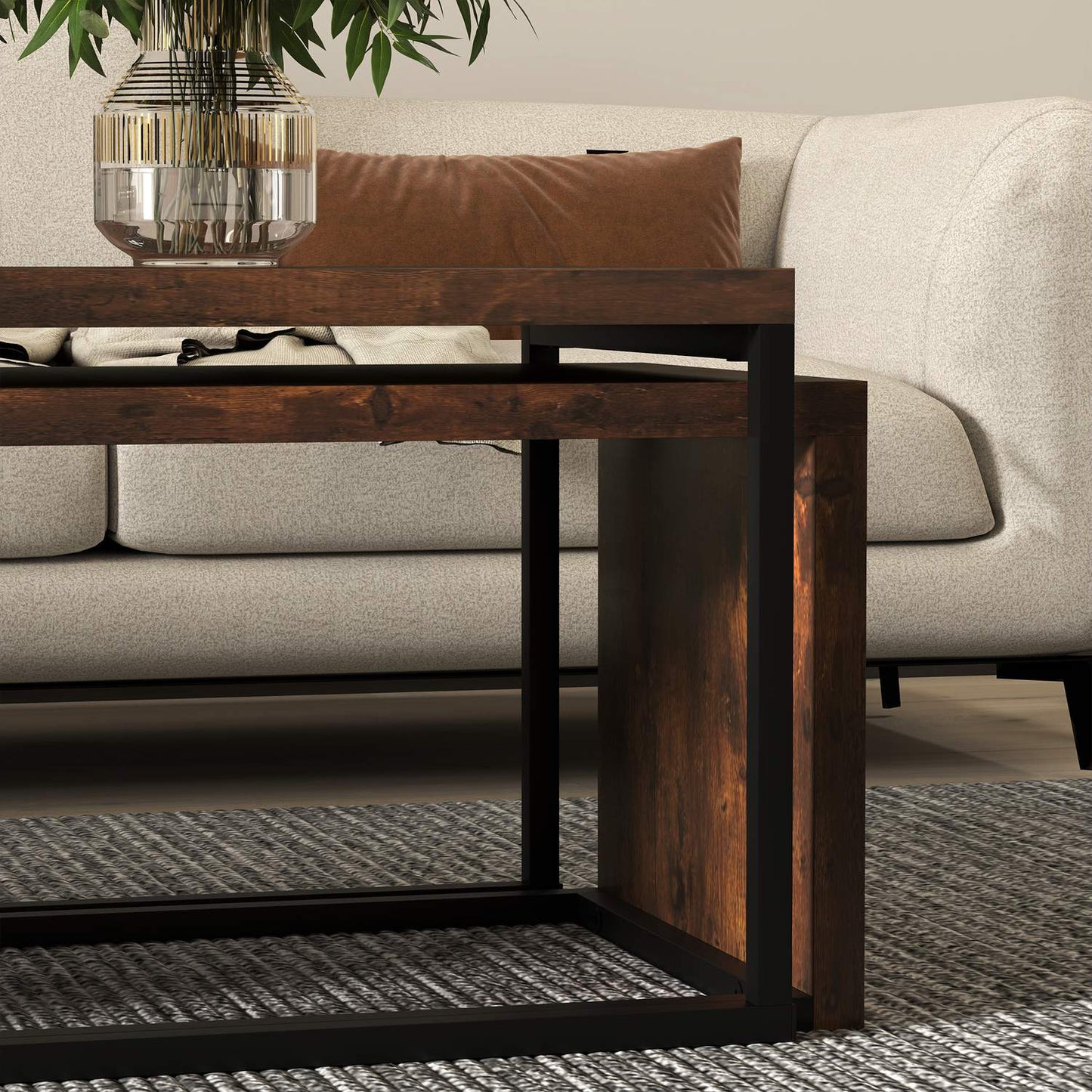 Multifunctional coffee table set - black & brown metal base