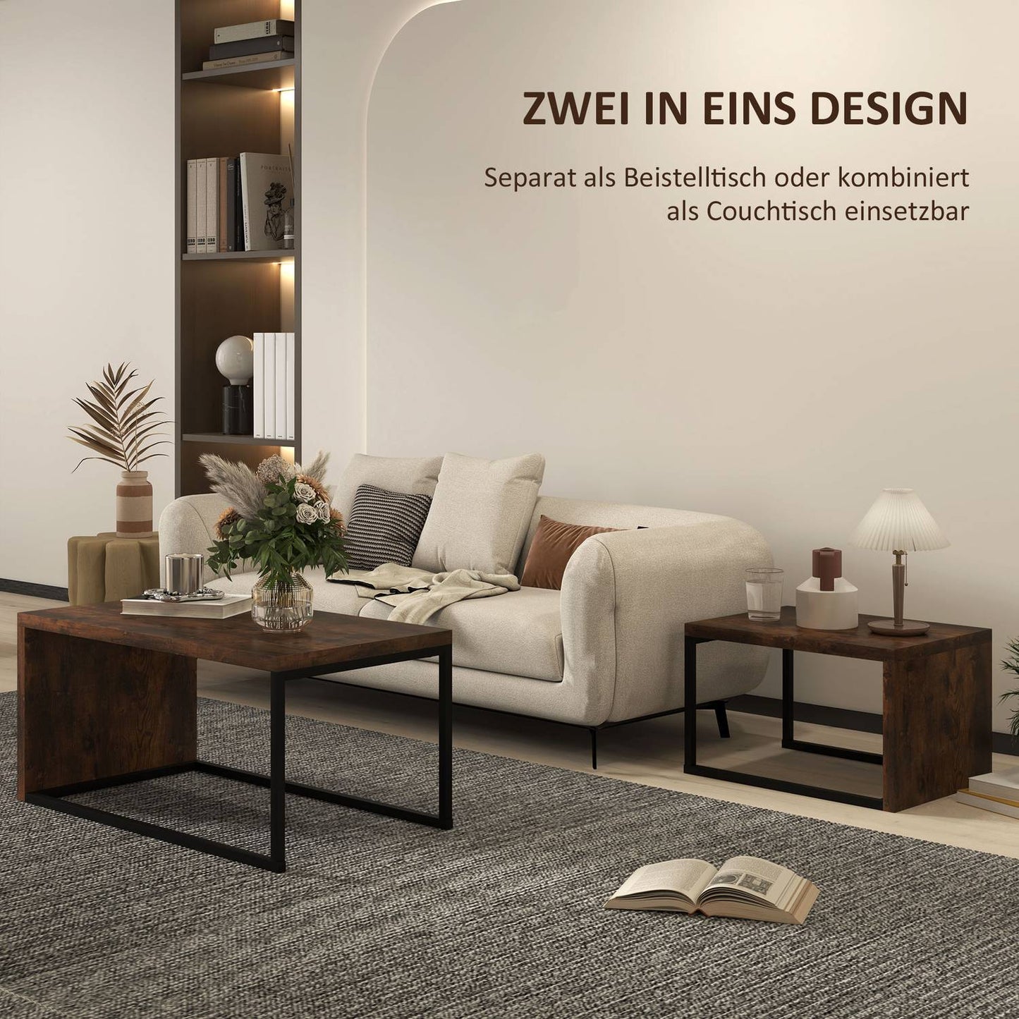 Multifunctional coffee table set - black & brown metal base