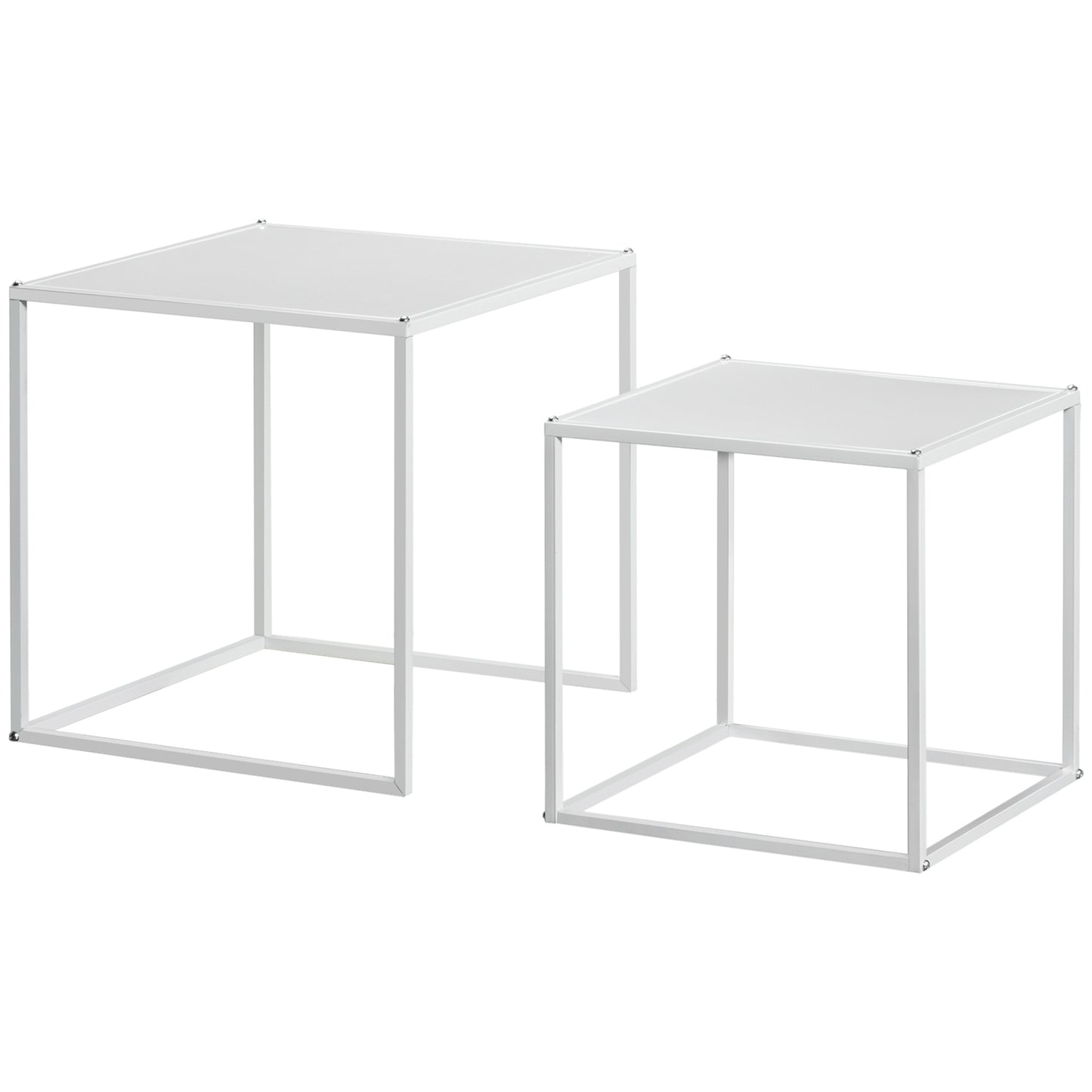 Modern white square coffee table with steel frame, set of 2