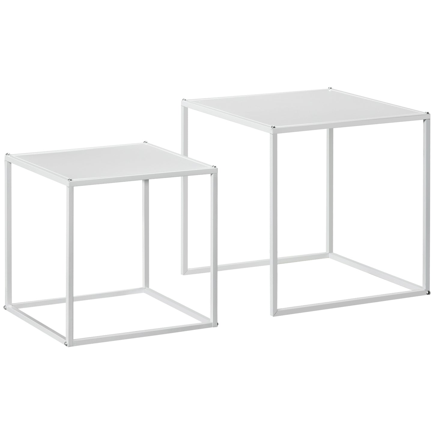 Modern white square coffee table with steel frame, set of 2