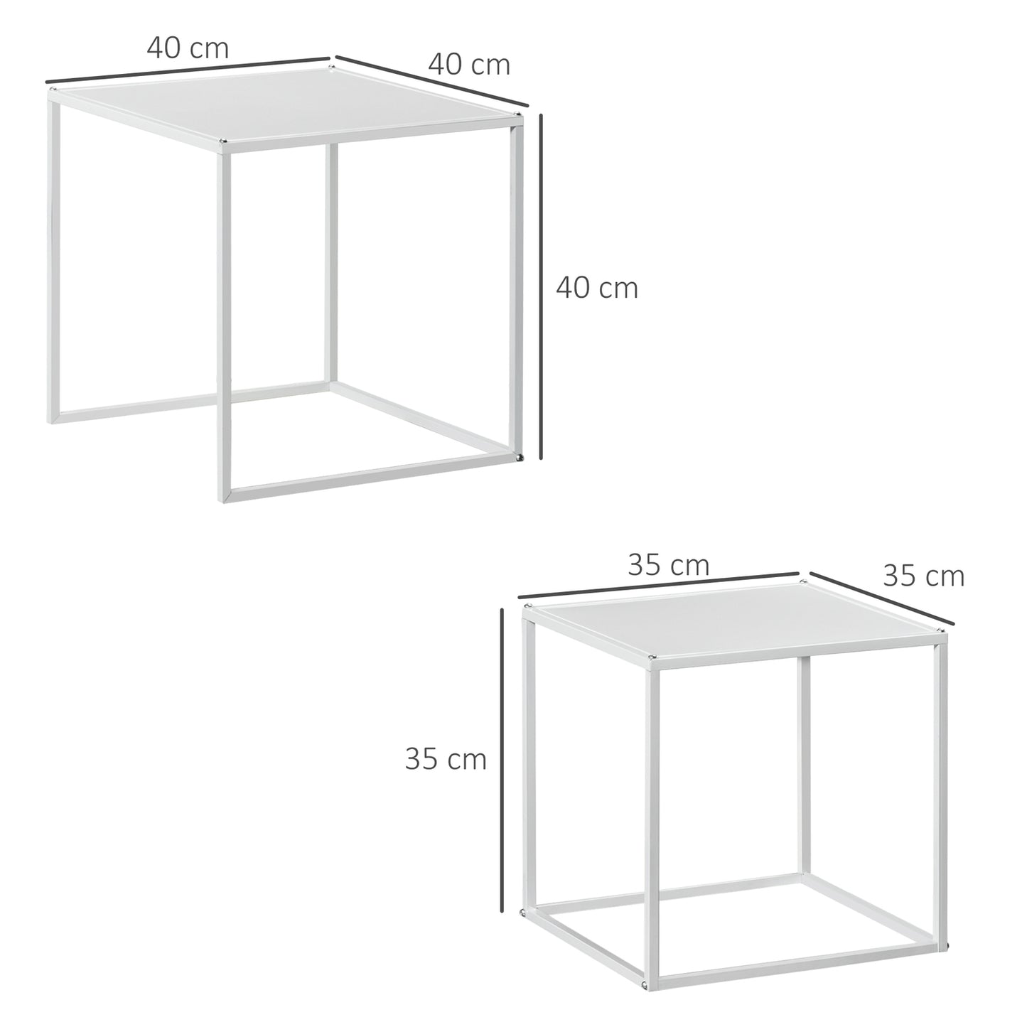 Modern white square coffee table with steel frame, set of 2