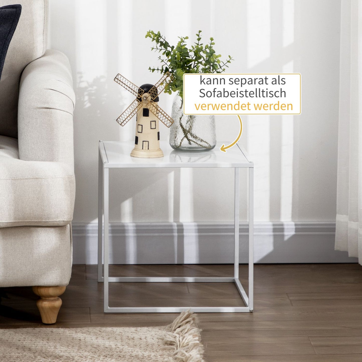 Modern white square coffee table with steel frame, set of 2