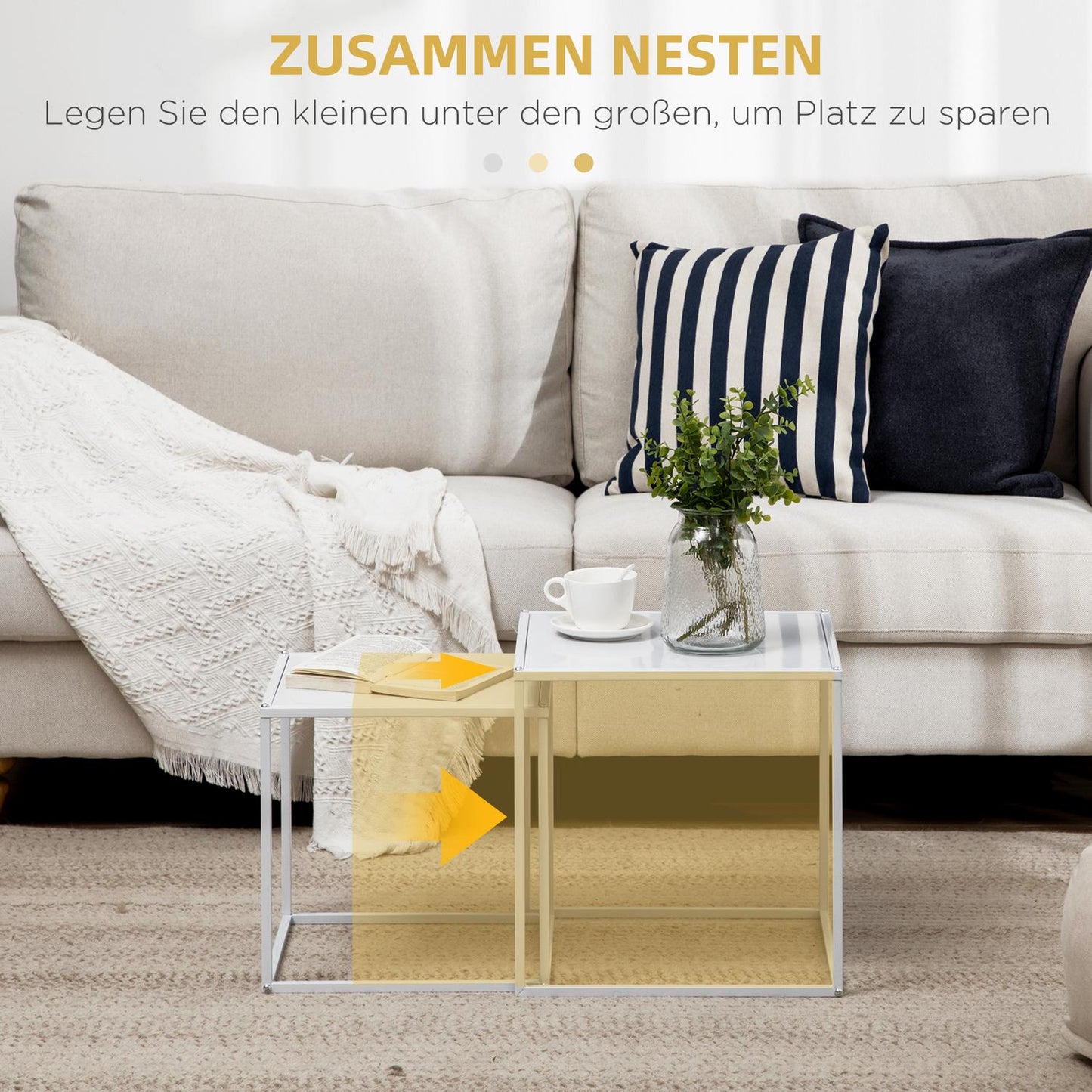 Modern white square coffee table with steel frame, set of 2