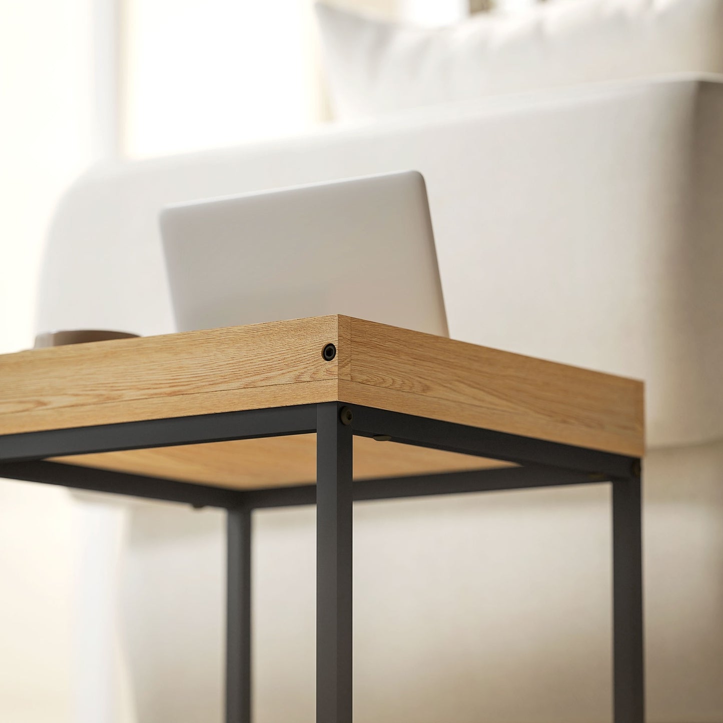 Square coffee tables, steel frame, black and oak, set of 2