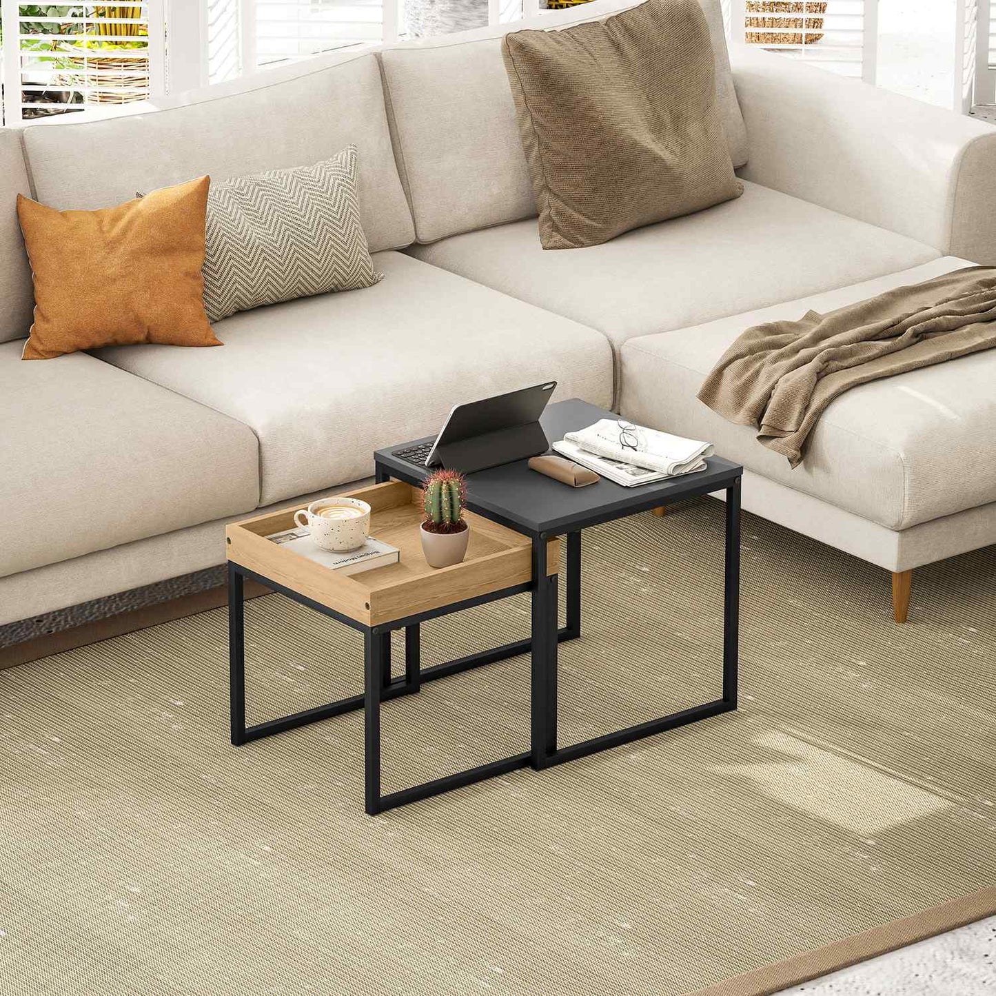 Square coffee tables, steel frame, black and oak, set of 2