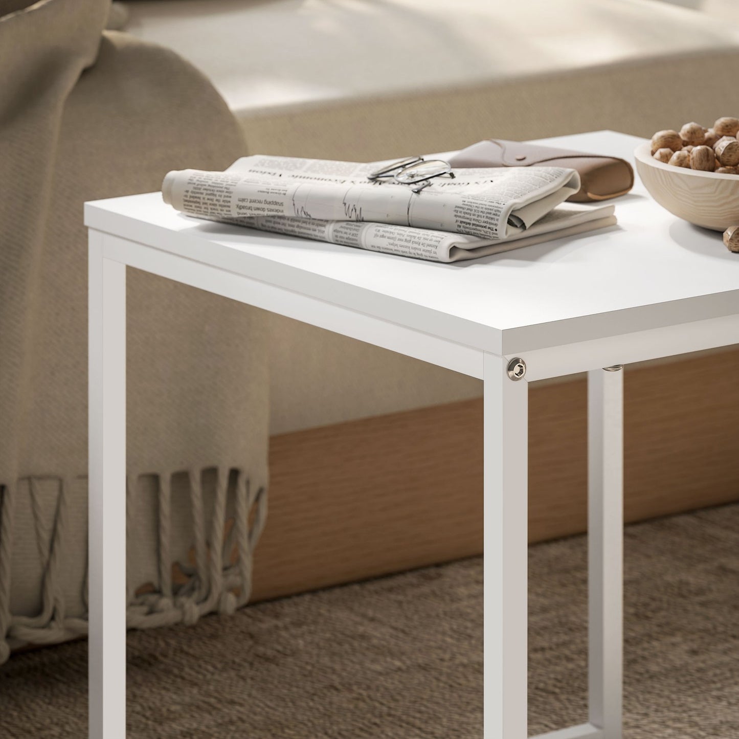 Square Coffee Table Set - White & Oak, Steel Frame, 30 kg Capacity