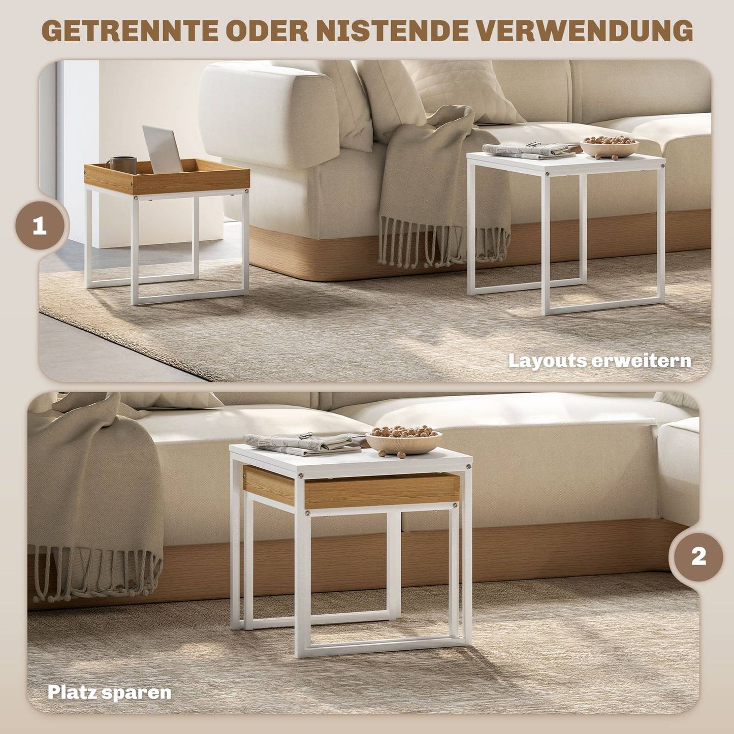 Square Coffee Table Set - White & Oak, Steel Frame, 30 kg Capacity