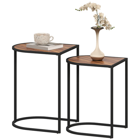 Square coffee tables with steel frame, set of 2, brown and black