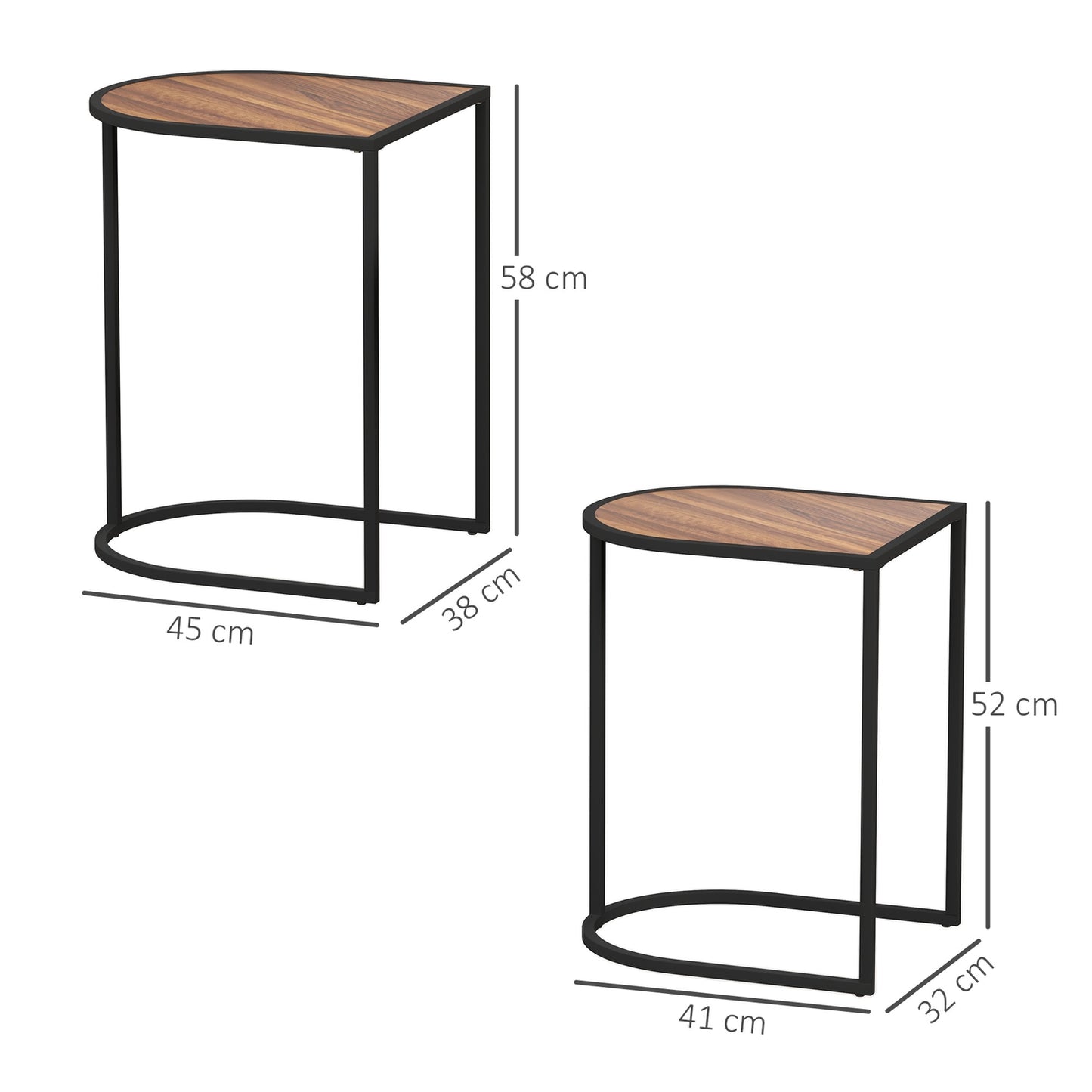 Square coffee tables with steel frame, set of 2, brown and black