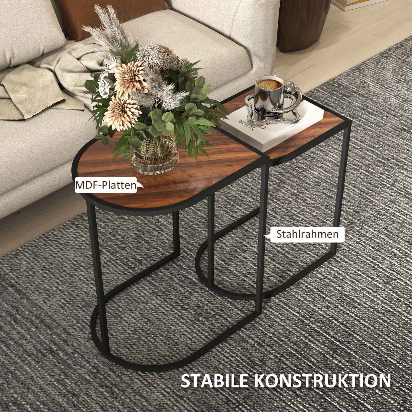 Square coffee tables with steel frame, set of 2, brown and black