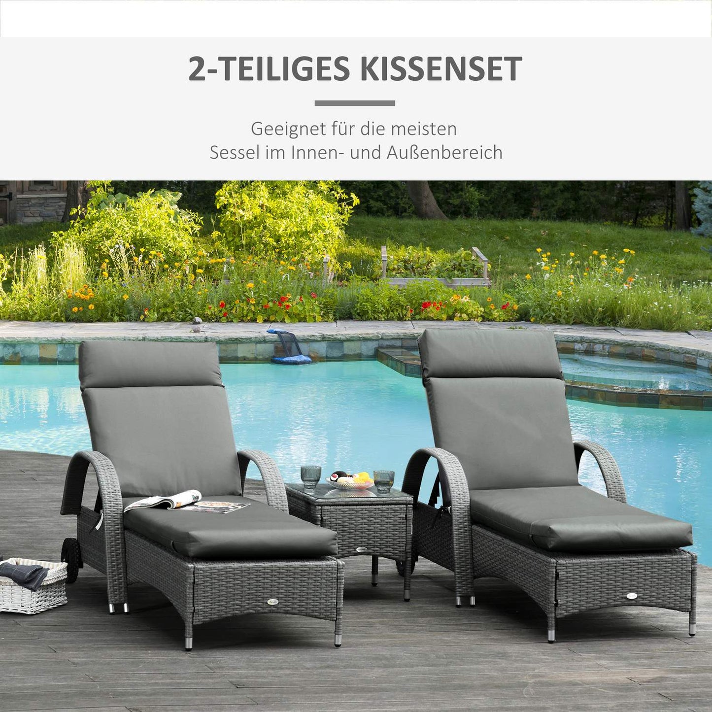 Outdoor deckchair cushions, 8 cm thick, dark grey, 196x55 cm