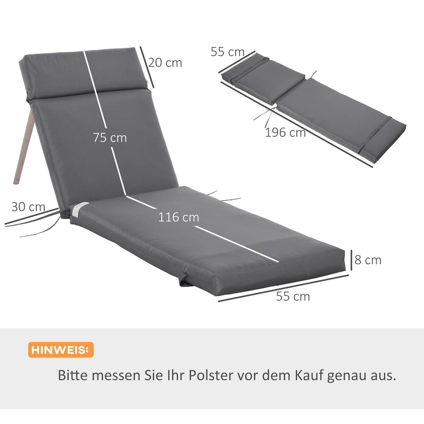 Outdoor deckchair cushions, 8 cm thick, dark grey, 196x55 cm