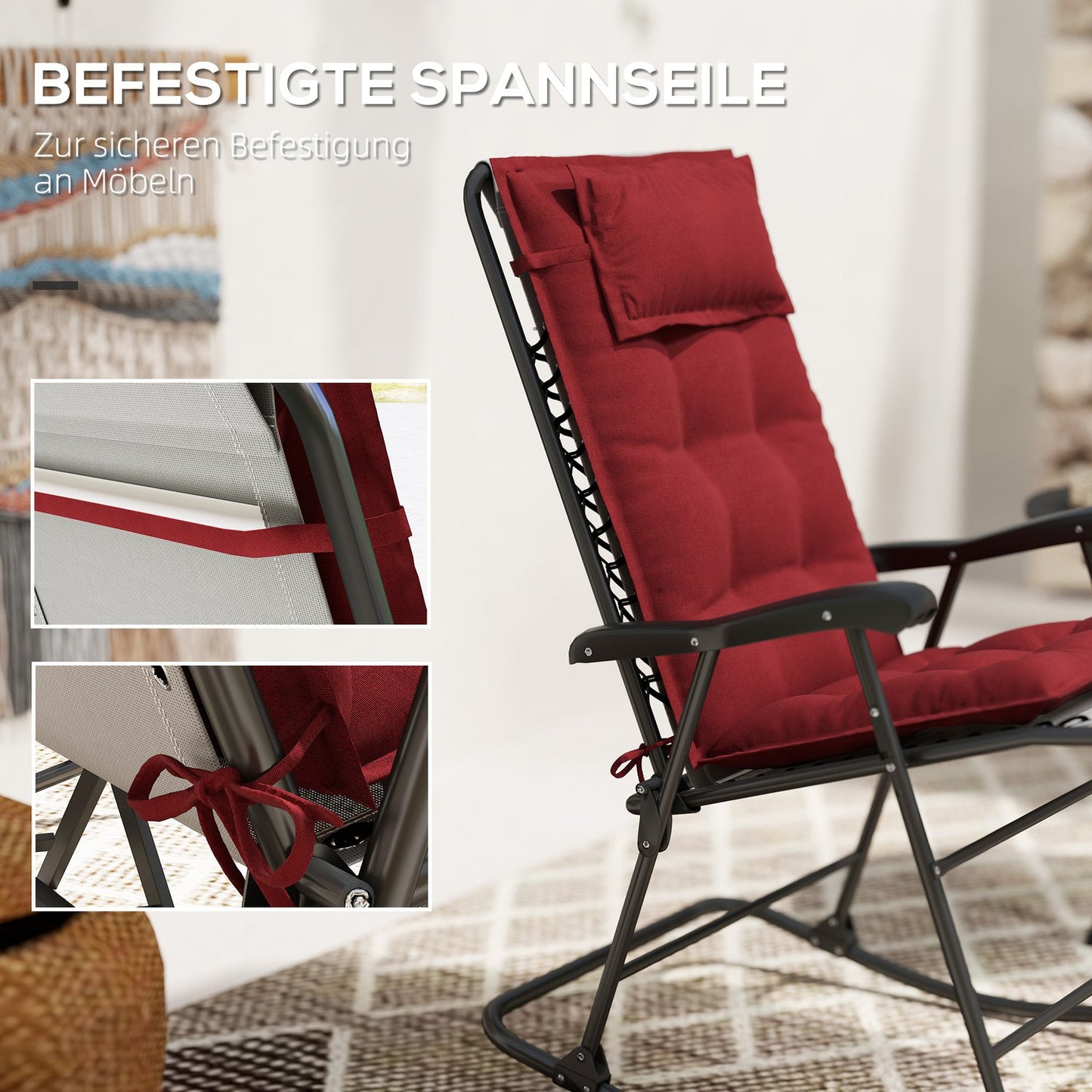 Water-repellent sun lounger cushions, set of 2, burgundy