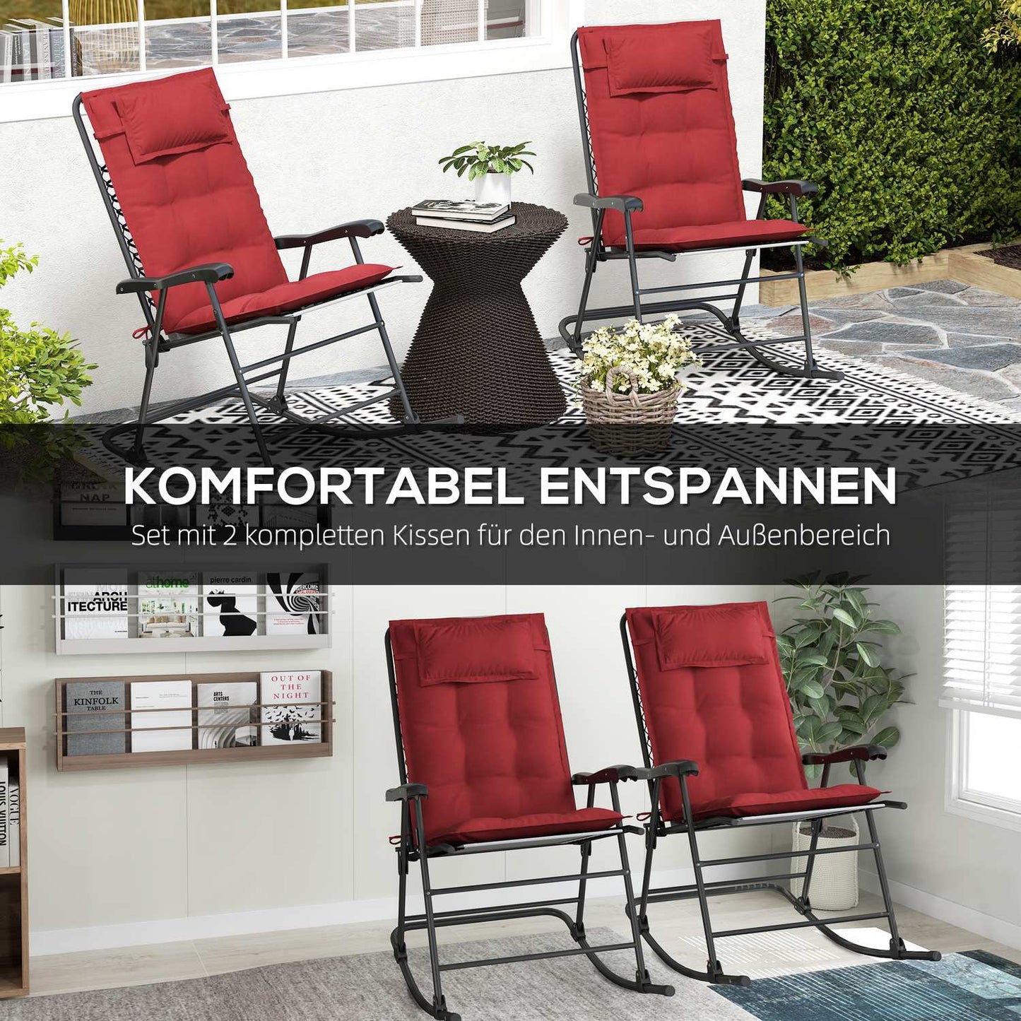 Water-repellent sun lounger cushions, set of 2, burgundy