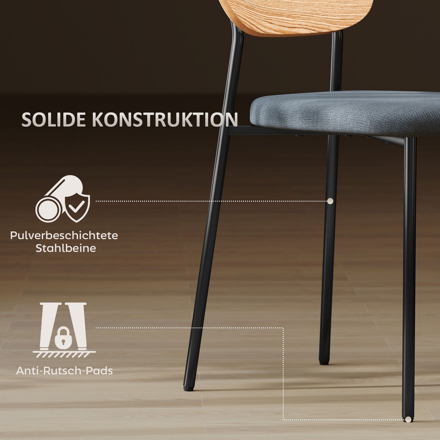 Set of 2 dining chairs, linen look, armless design, metal legs, grey