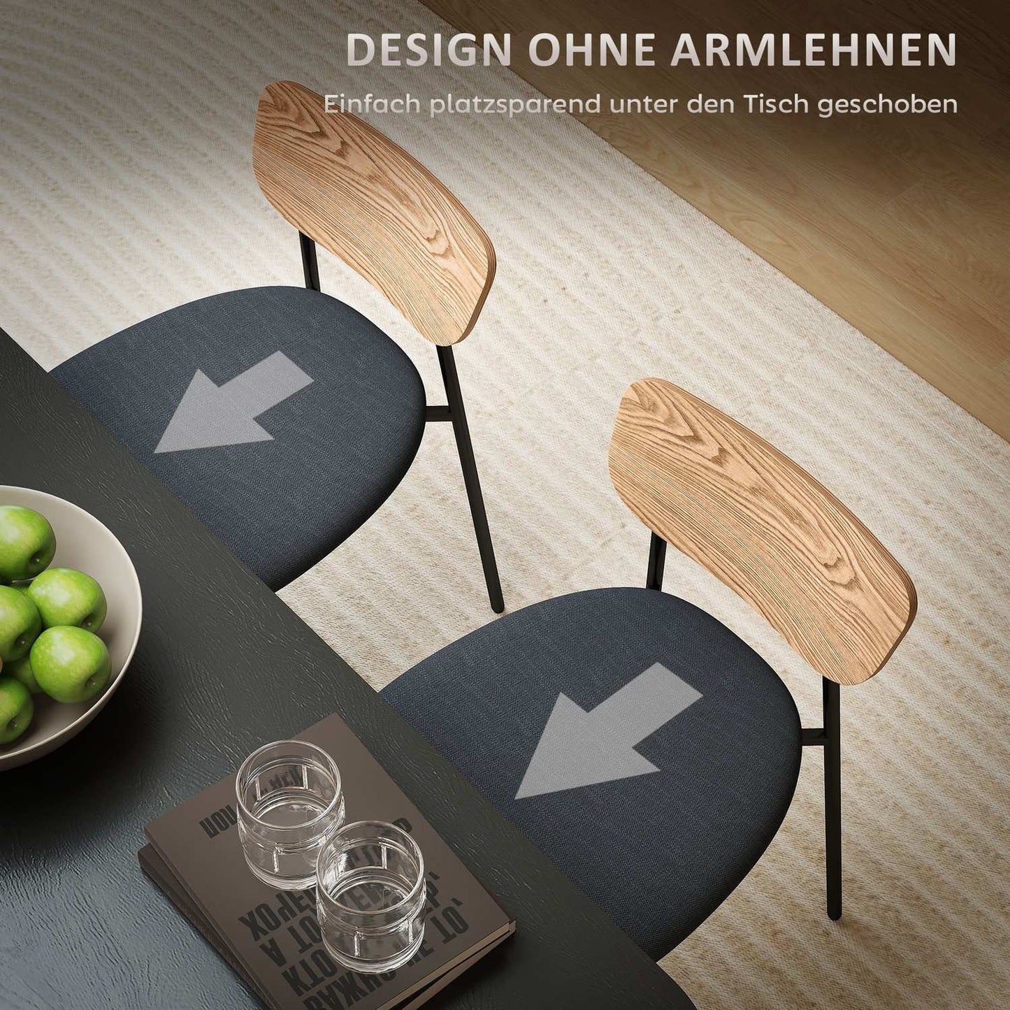 Set of 2 dining chairs, linen look, armless design, metal legs, grey