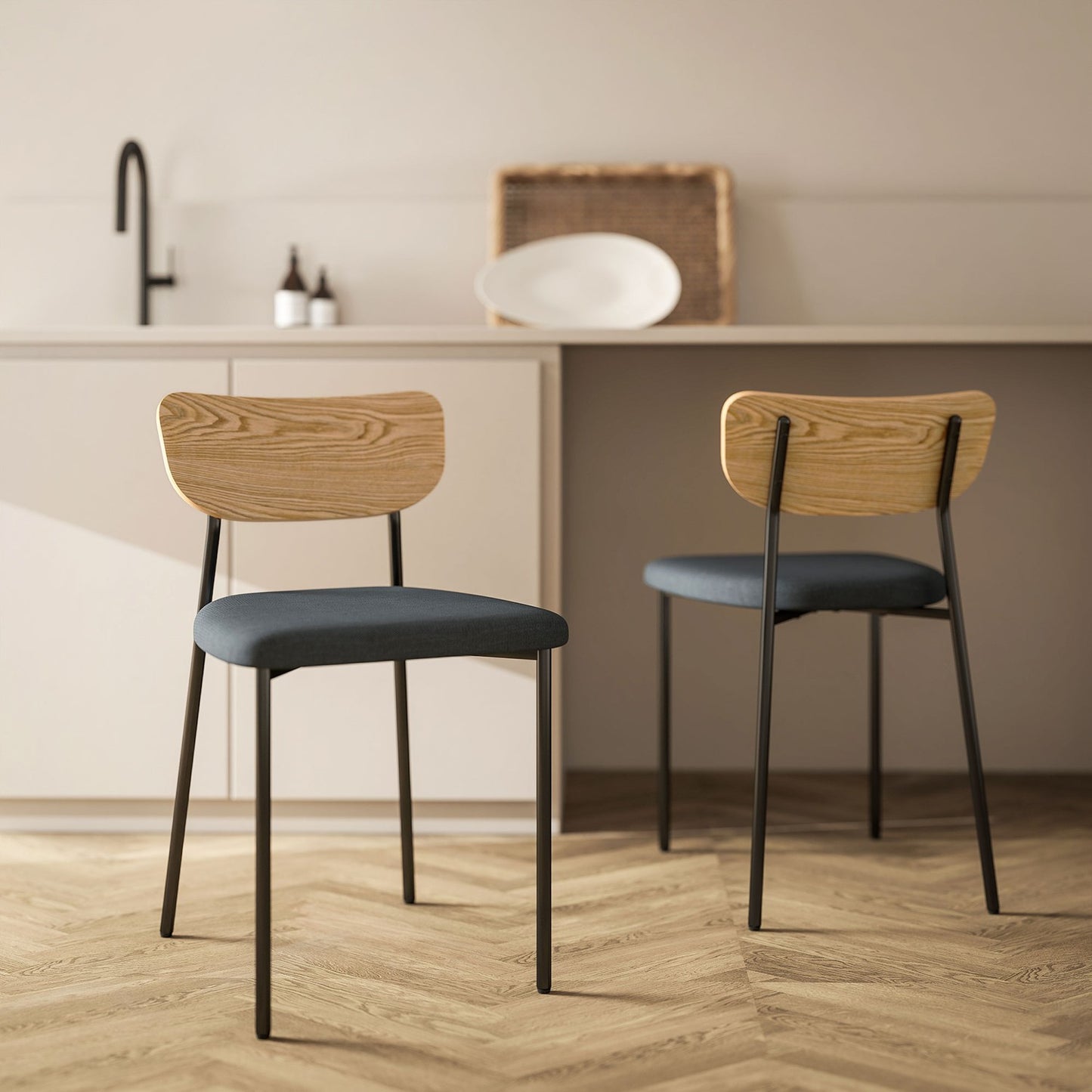 Set of 2 dining chairs, linen look, armless design, metal legs, grey
