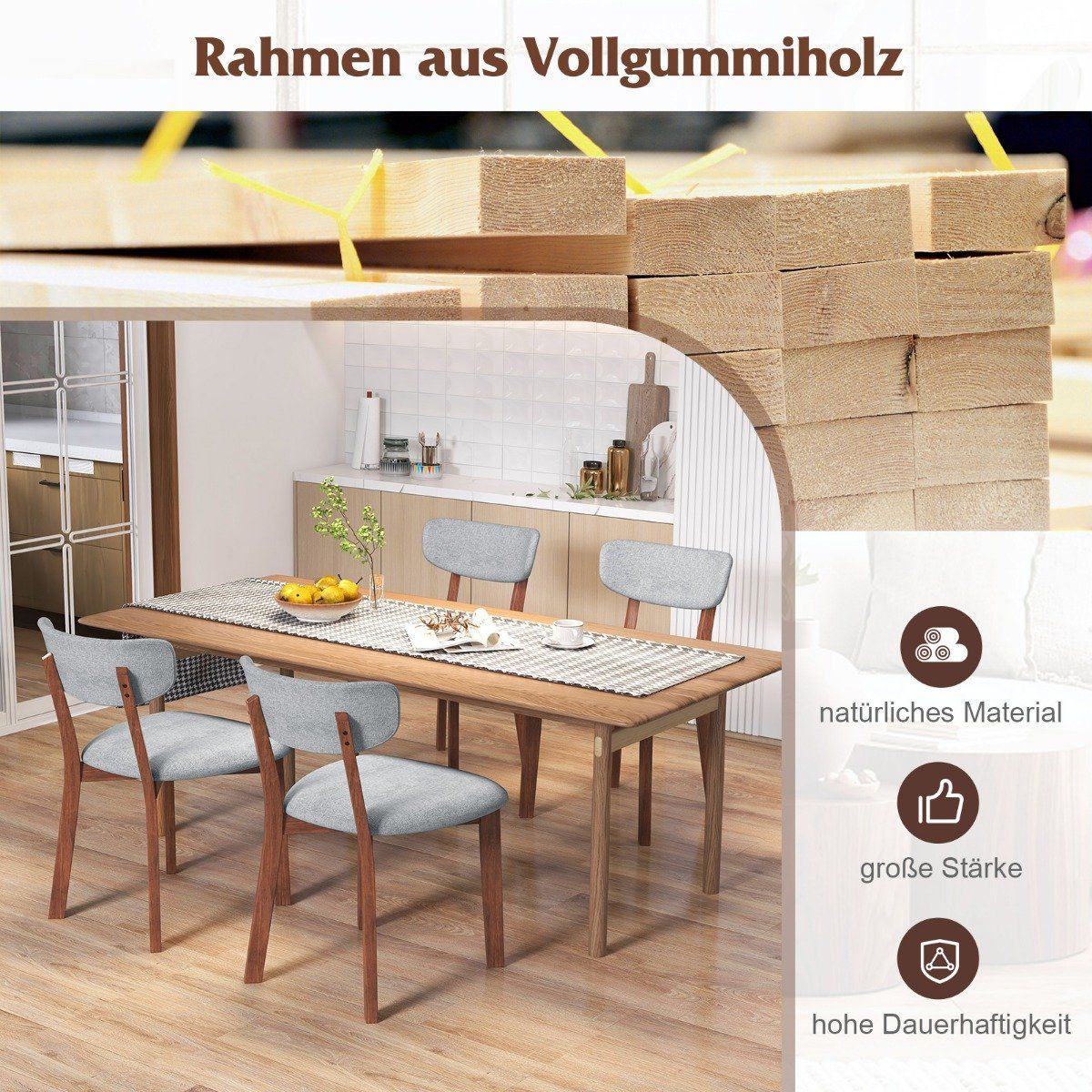 Set of 2 dining chairs, padded kitchen chairs with backrest, rubber wood frame and seat cushions, 51 x 47 x 82 cm, grey