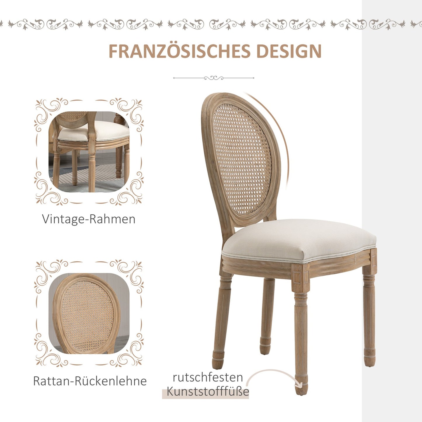 Vintage upholstered dining chairs with rattan backs, set of 2