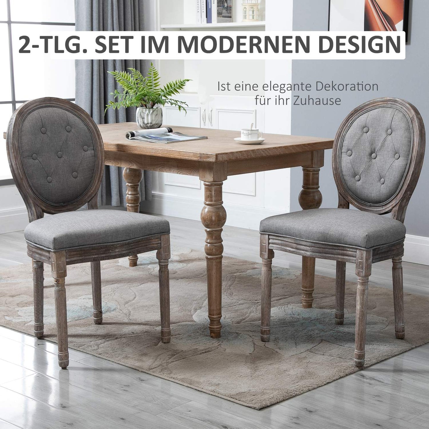Gray retro dining chairs, upholstered, breathable linen, set of 2