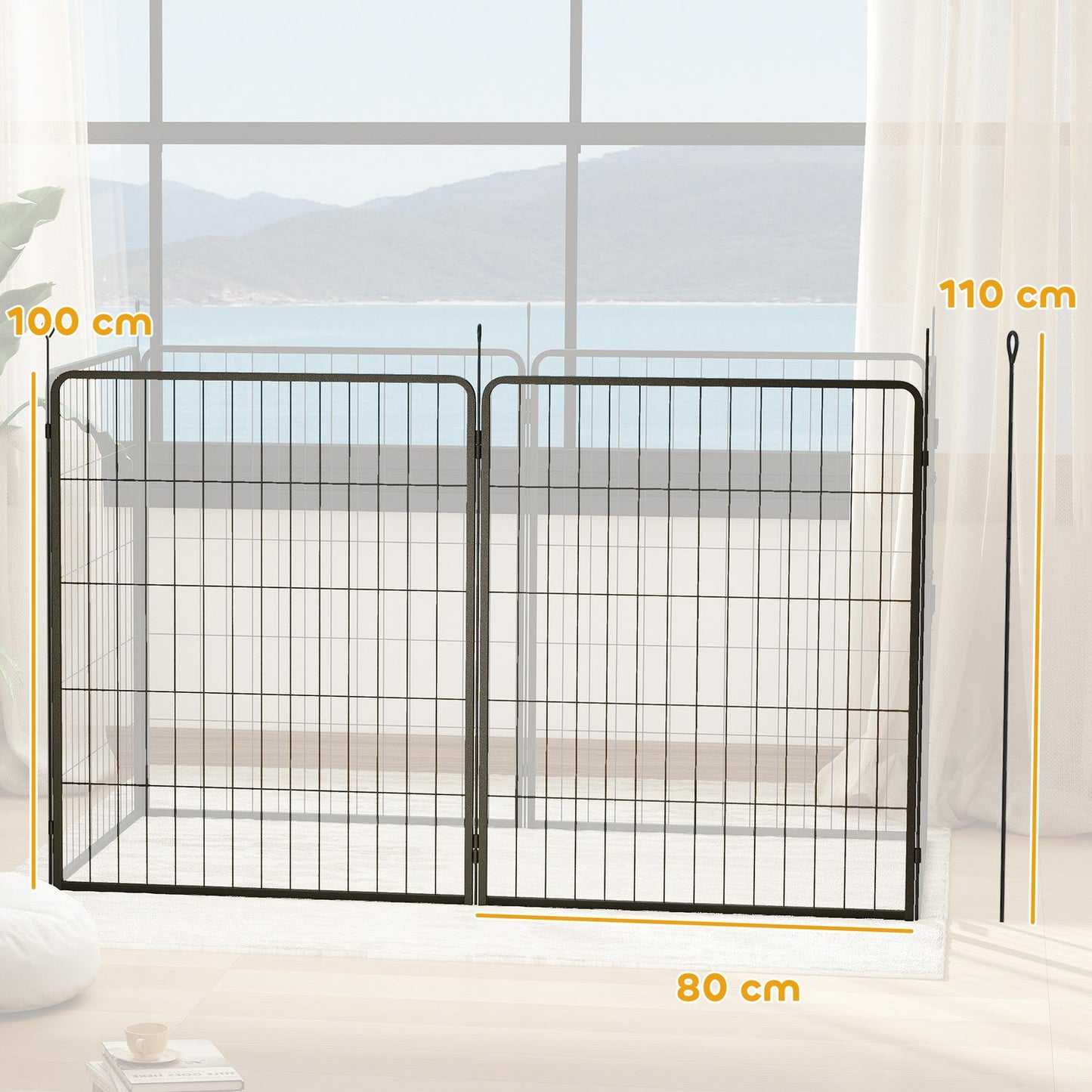 Dog fence for outdoor use, set of 2, steel, 80x100 cm, black