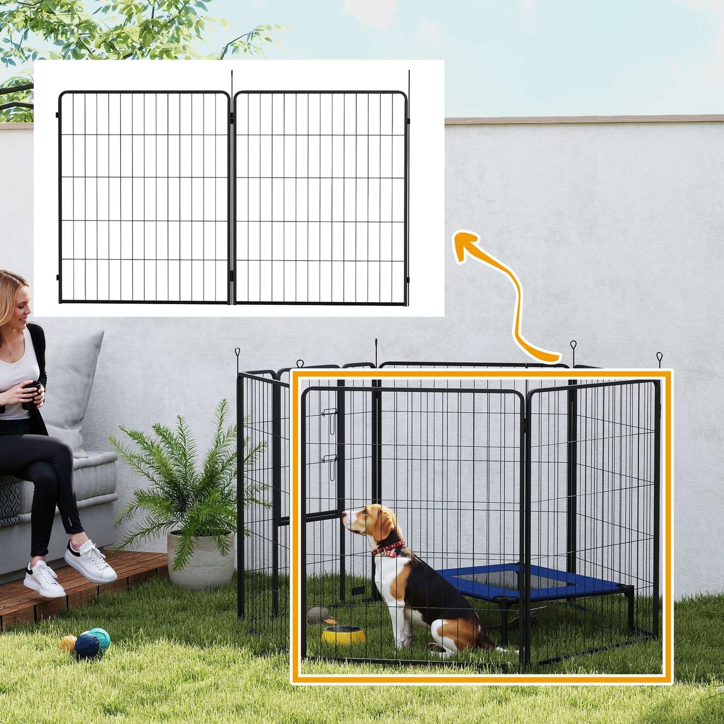 Dog fence for outdoor use, set of 2, steel, 80x100 cm, black