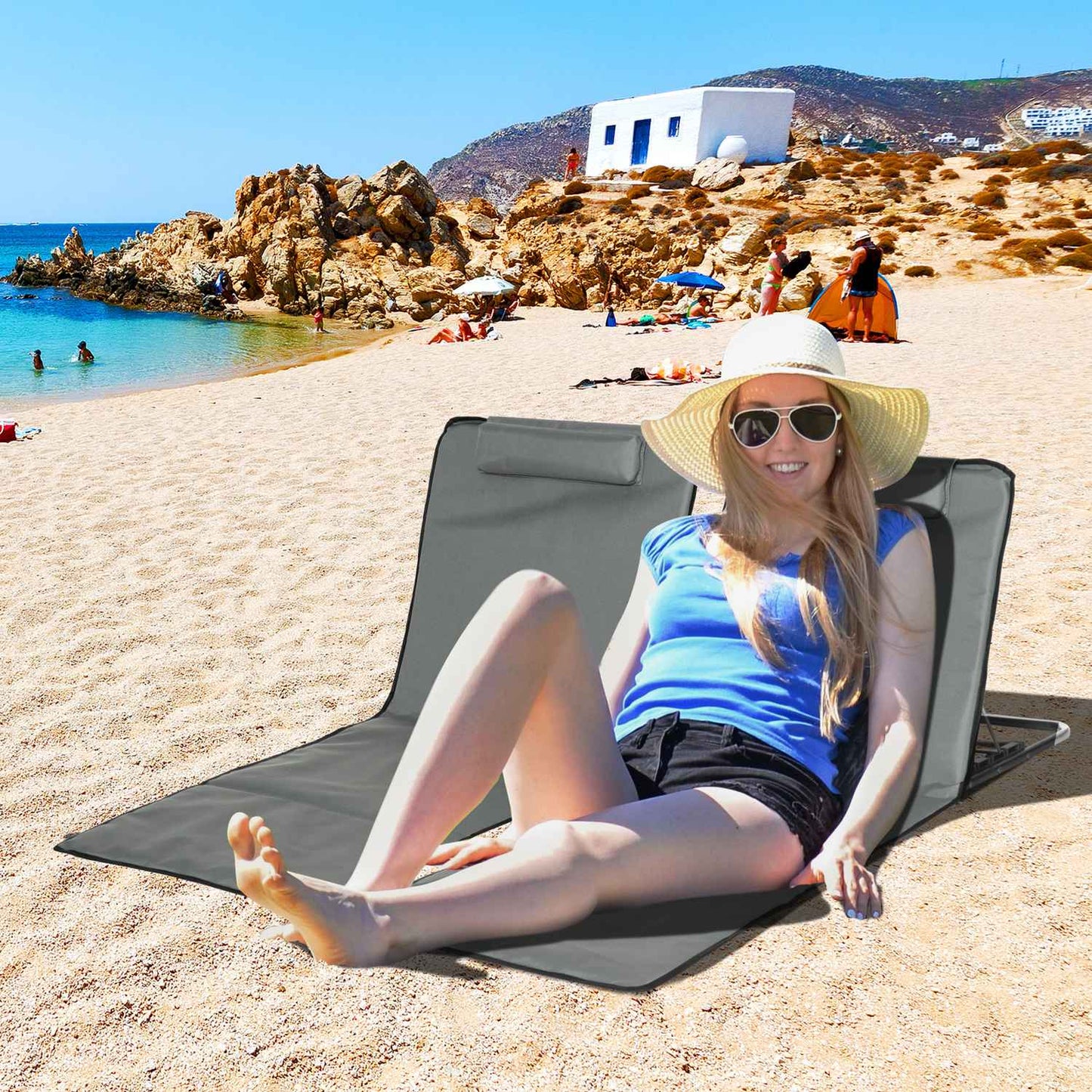 Foldable beach mats with adjustable backrest and headrest