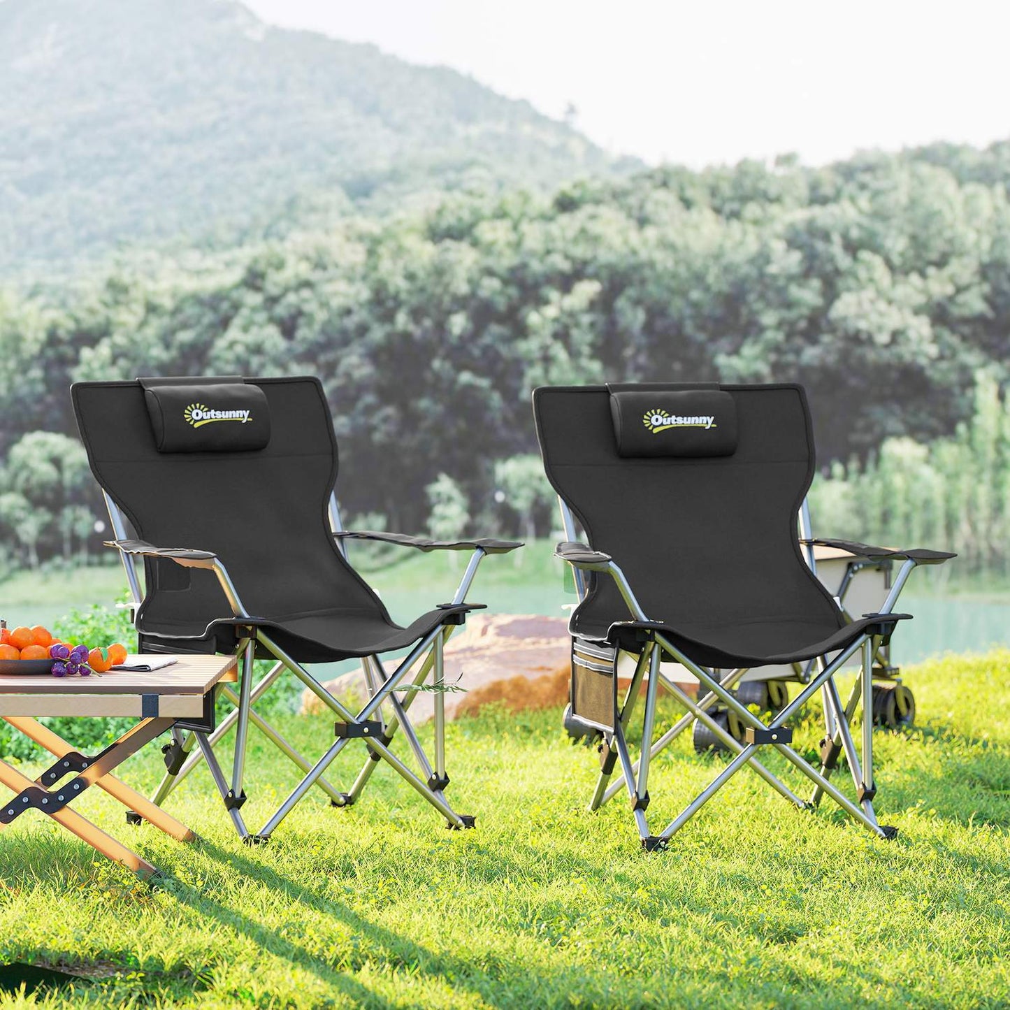 Folding camping chairs with footrest and drink holder, 120 kg capacity