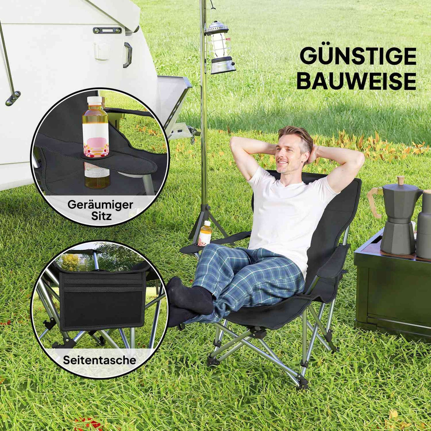 Folding camping chairs with footrest and drink holder, 120 kg capacity
