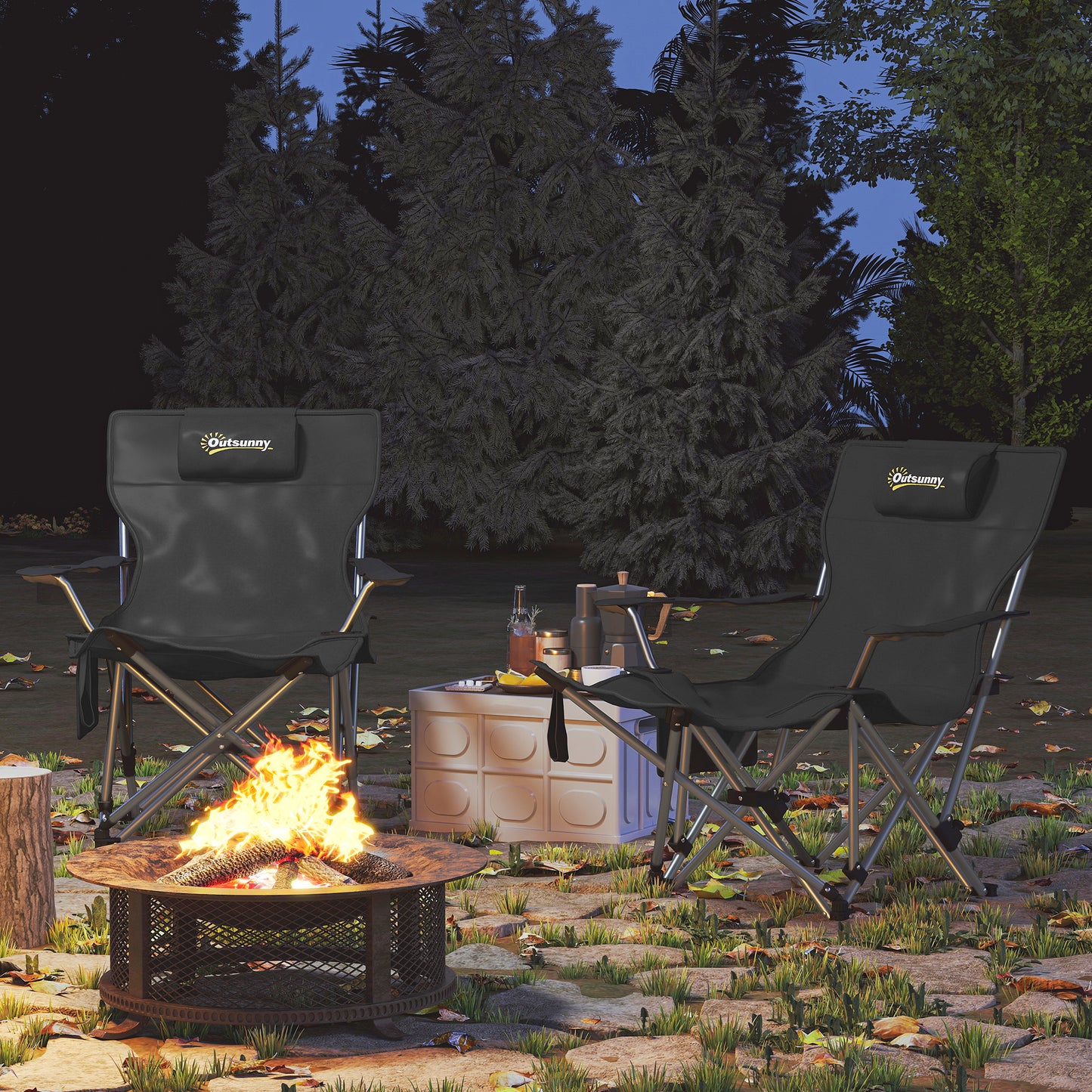 Folding camping chairs with footrest and drink holder, 120 kg capacity