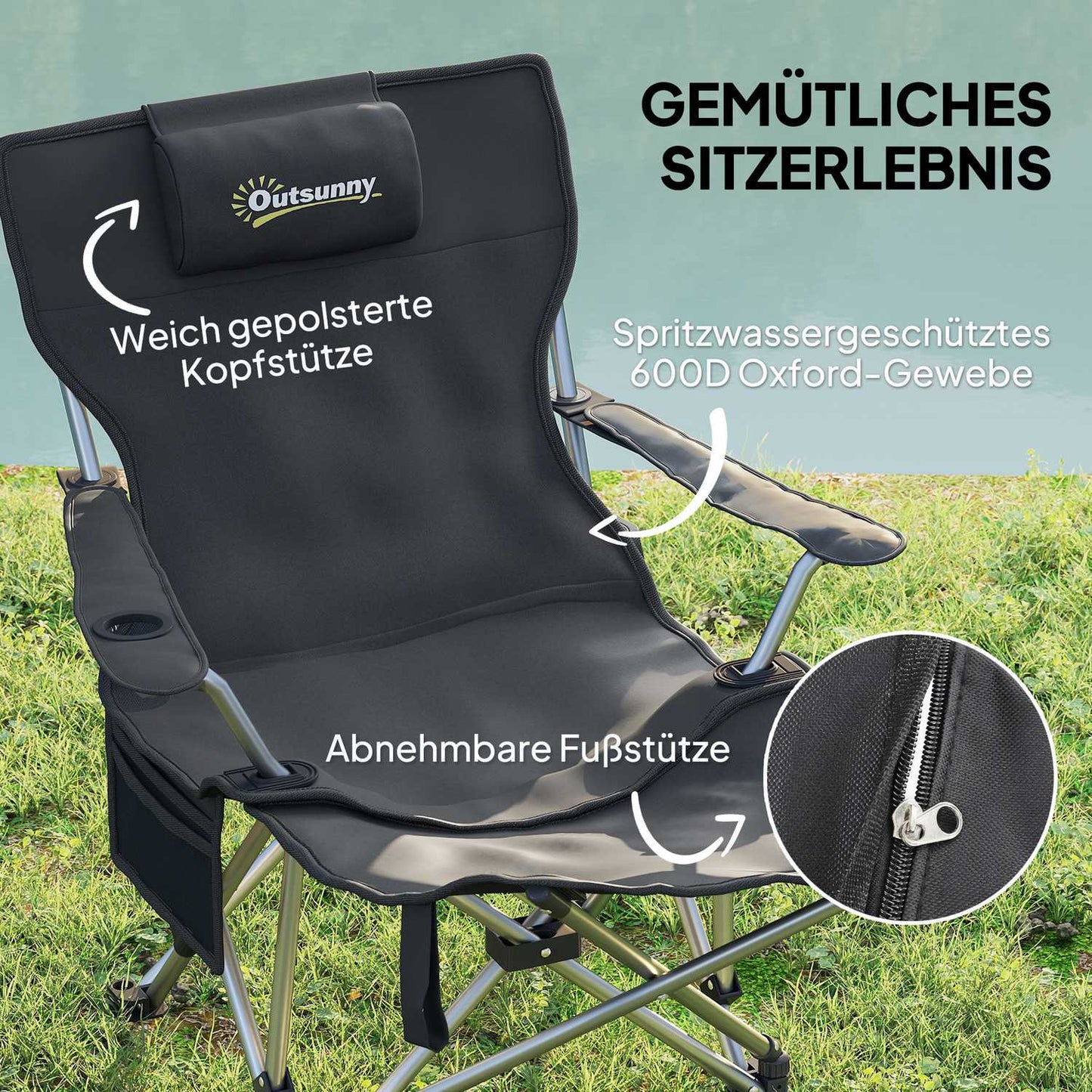 Folding camping chairs with footrest and drink holder, 120 kg capacity