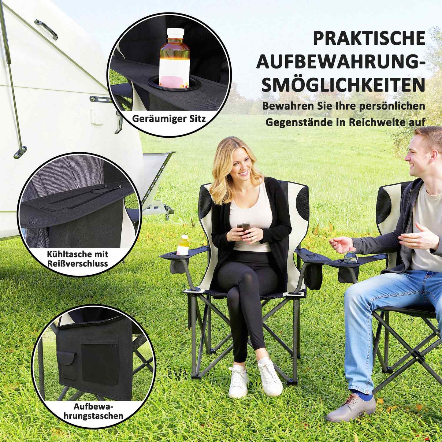 Folding camping chairs Set with armrests & cooler bag