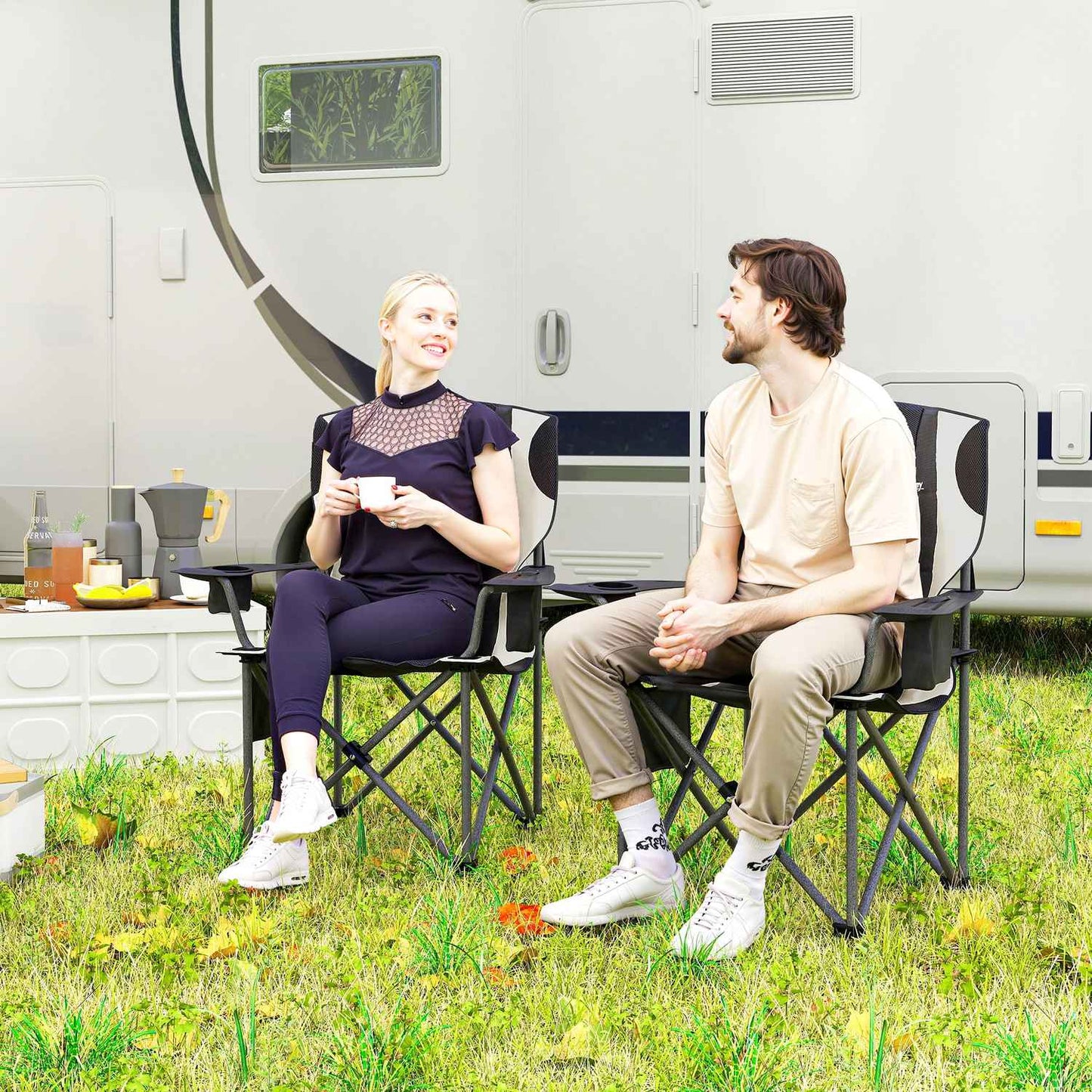 Folding camping chairs Set with armrests & cooler bag