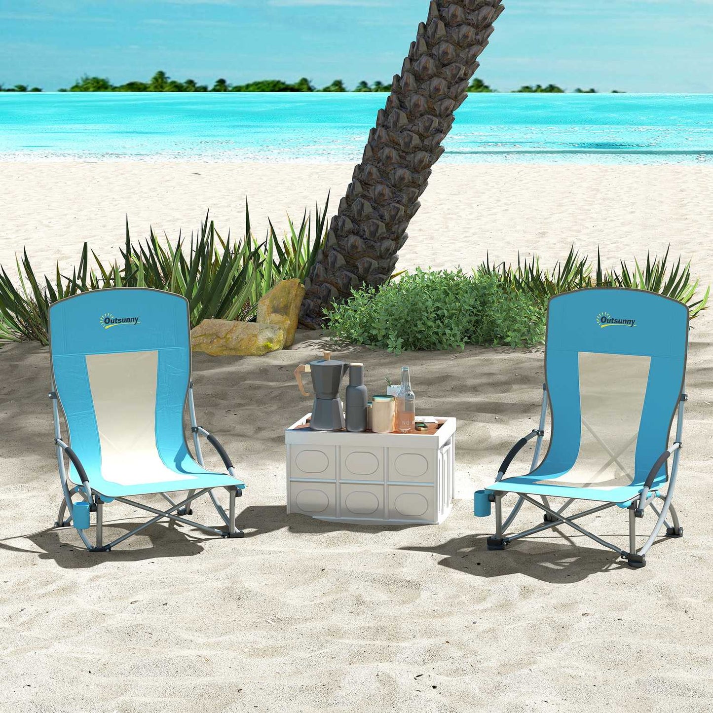 Set of 2 folding camping chairs with cup holder and mesh backrest up to 120 kg, blue