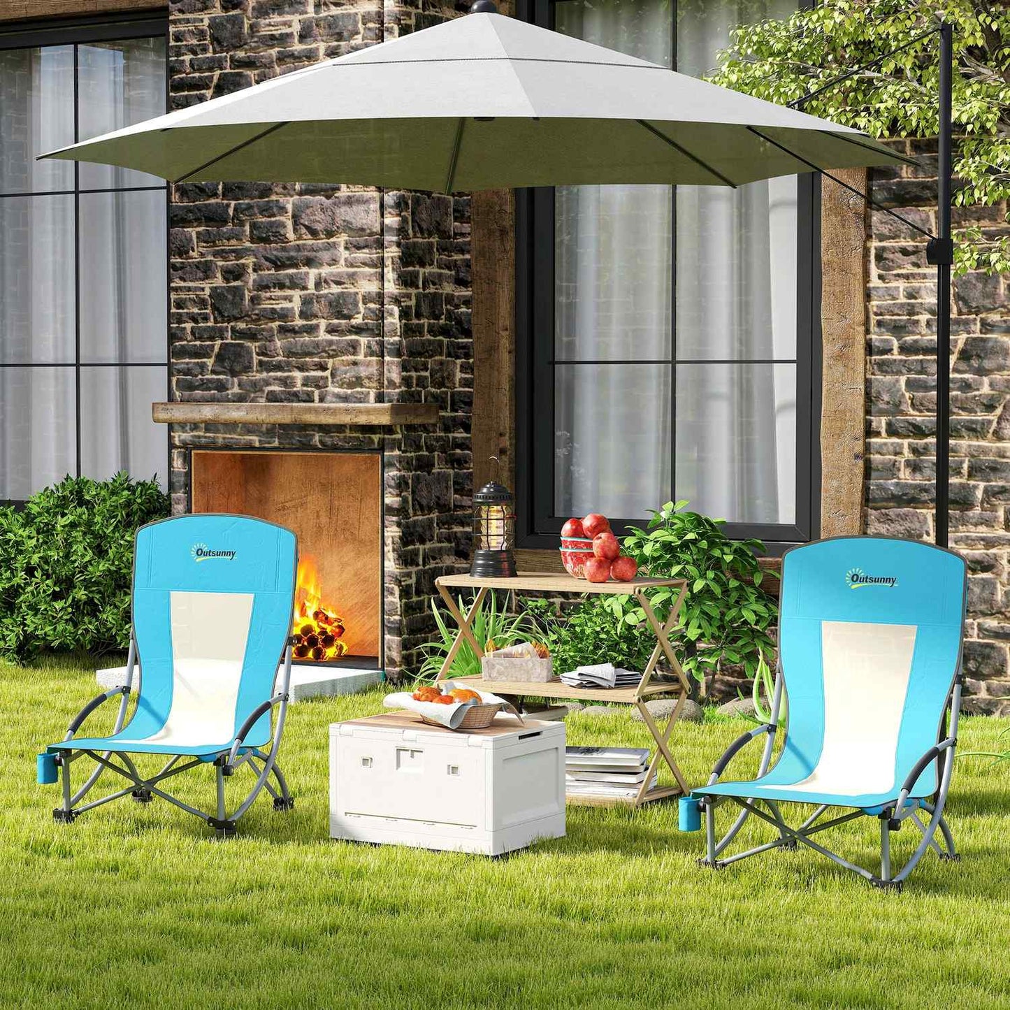 Set of 2 folding camping chairs with cup holder and mesh backrest up to 120 kg, blue