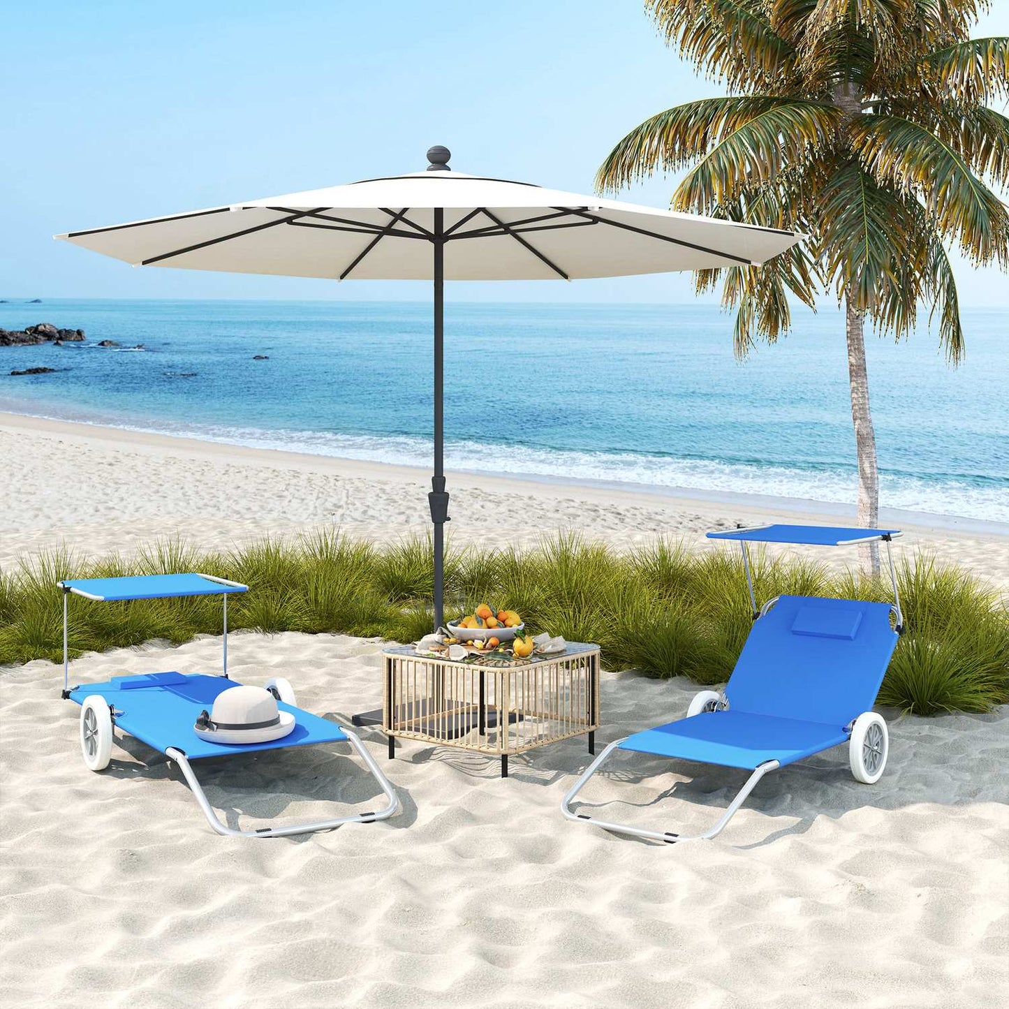 Folding sun lounger set, weatherproof, adjustable, blue