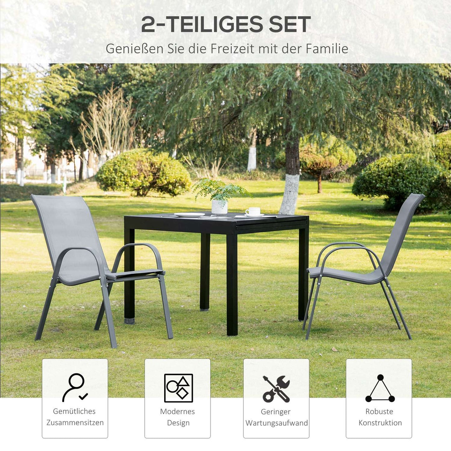Stackable Garden Chairs, Metal Mesh, Set of 2, Grey