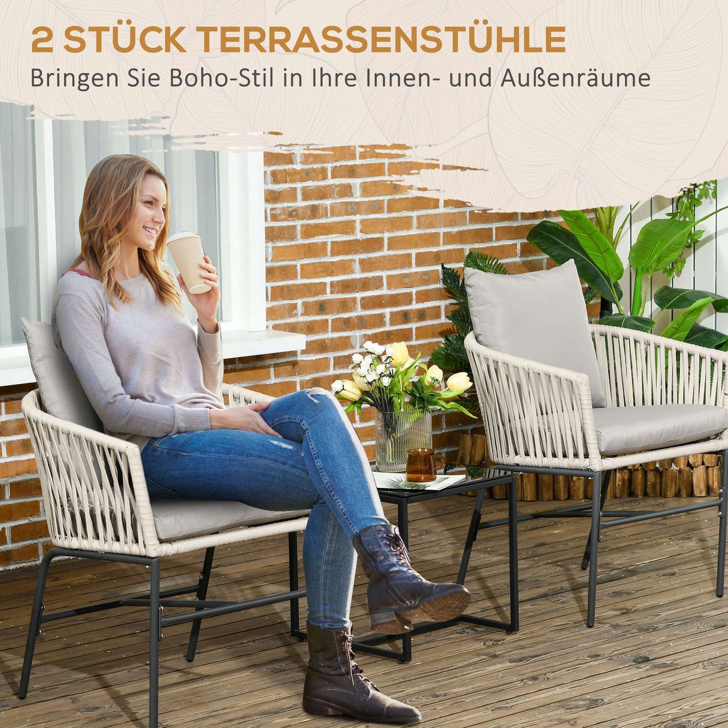 Boho Style Metal Garden Chairs with Cushions - Set of 2