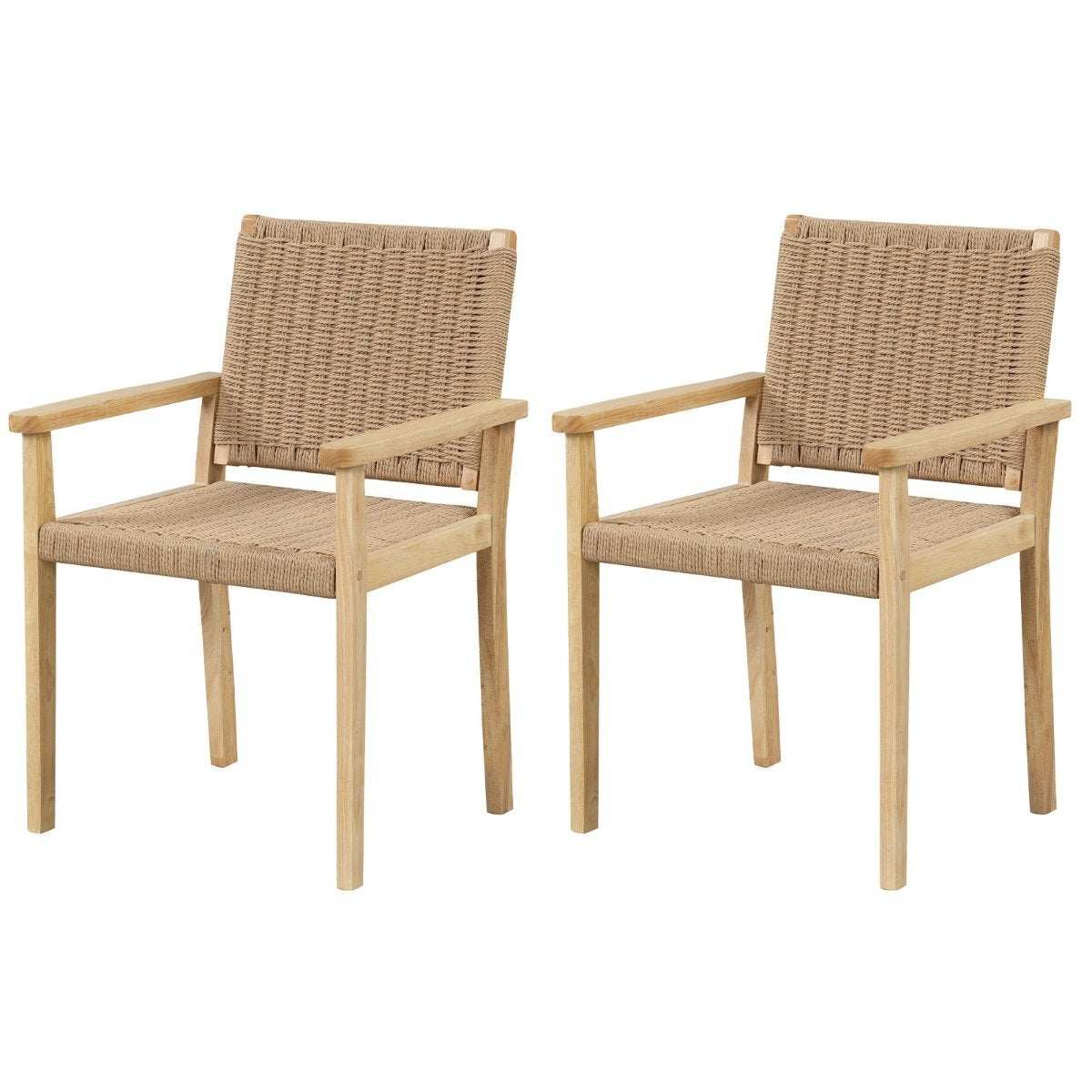 Set of 2 garden chairs wooden dining chairs with rope mesh & backrest & armrest natural