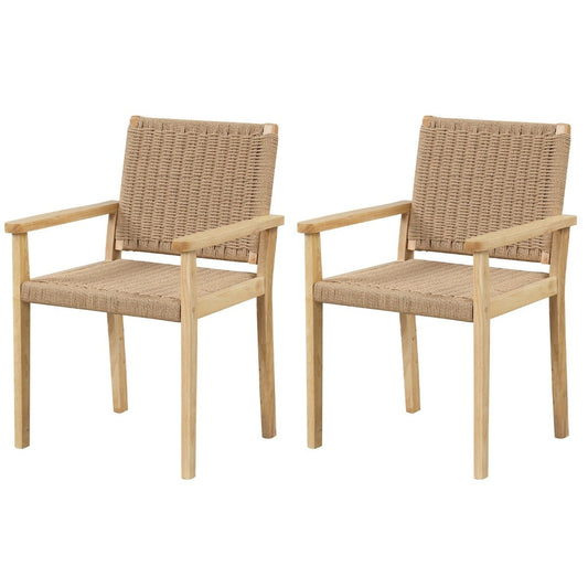 Set of 2 garden chairs wooden dining chairs with rope mesh & backrest & armrest natural