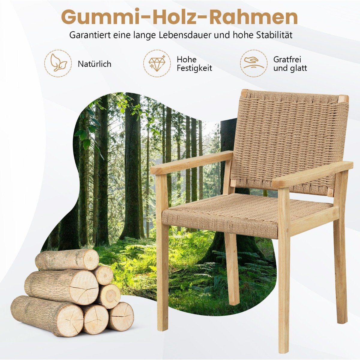Set of 2 garden chairs wooden dining chairs with rope mesh & backrest & armrest natural