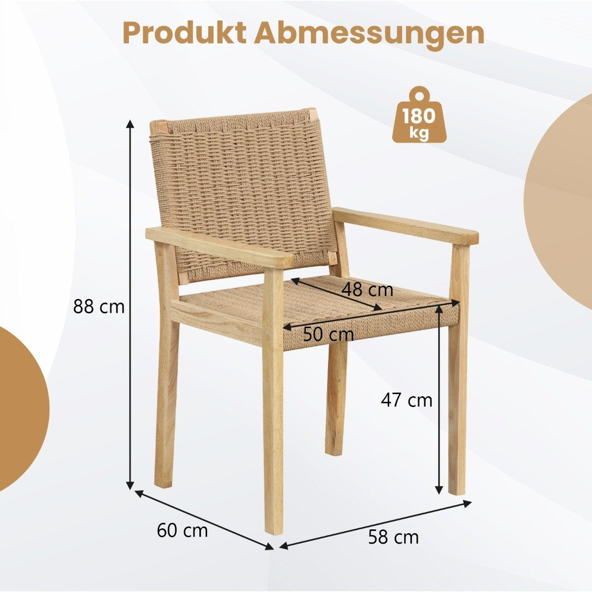 Set of 2 garden chairs wooden dining chairs with rope mesh & backrest & armrest natural