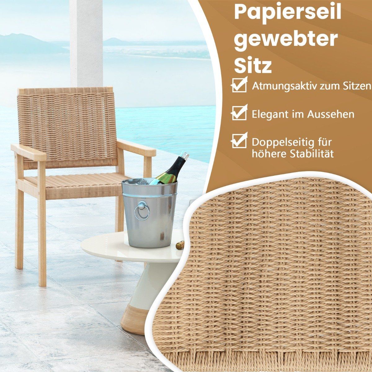 Set of 2 garden chairs wooden dining chairs with rope mesh & backrest & armrest natural