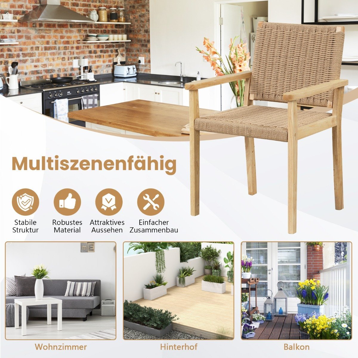 Set of 2 garden chairs wooden dining chairs with rope mesh & backrest & armrest natural