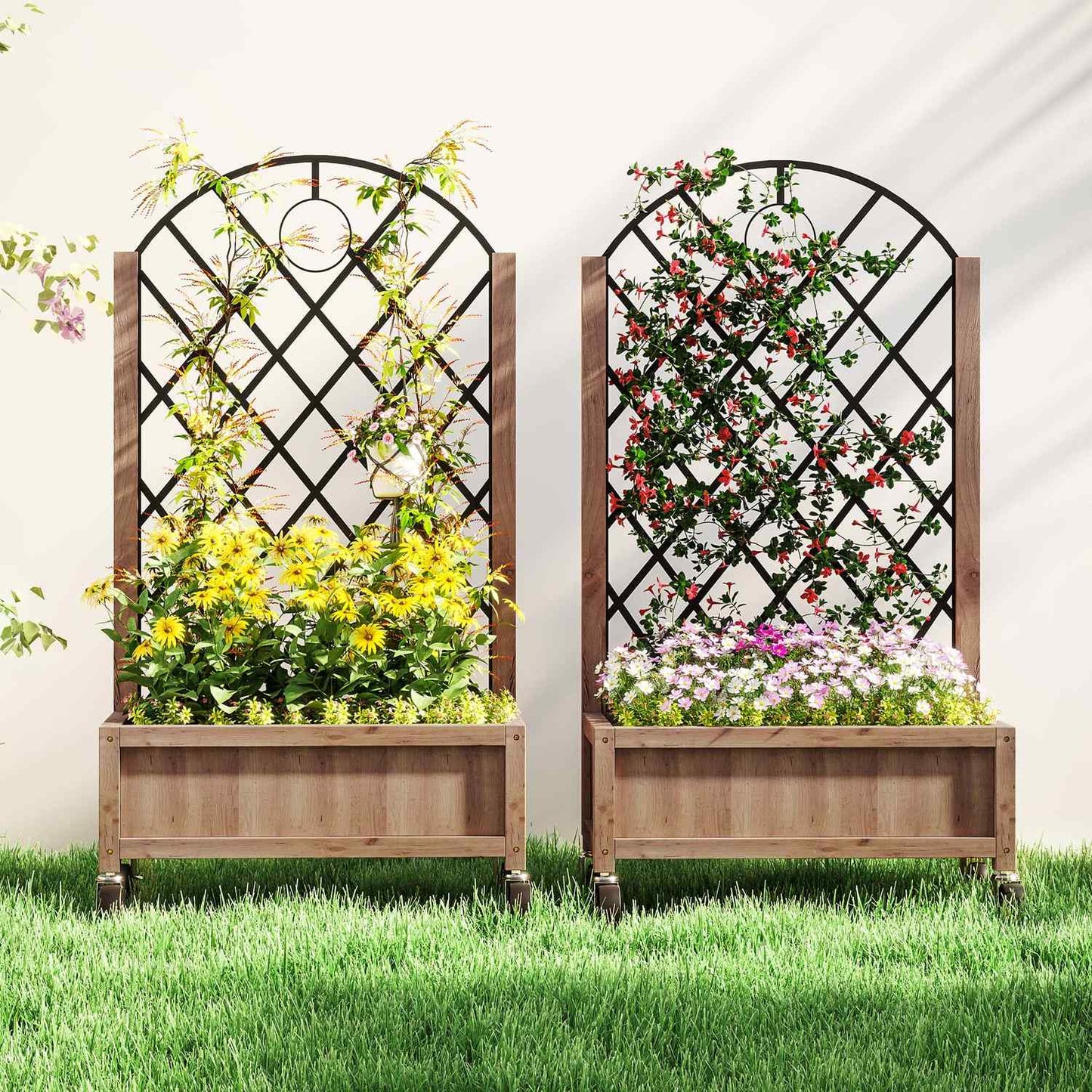 Raised garden bed with trellis and wheels - Wood, 152x25x97 cm