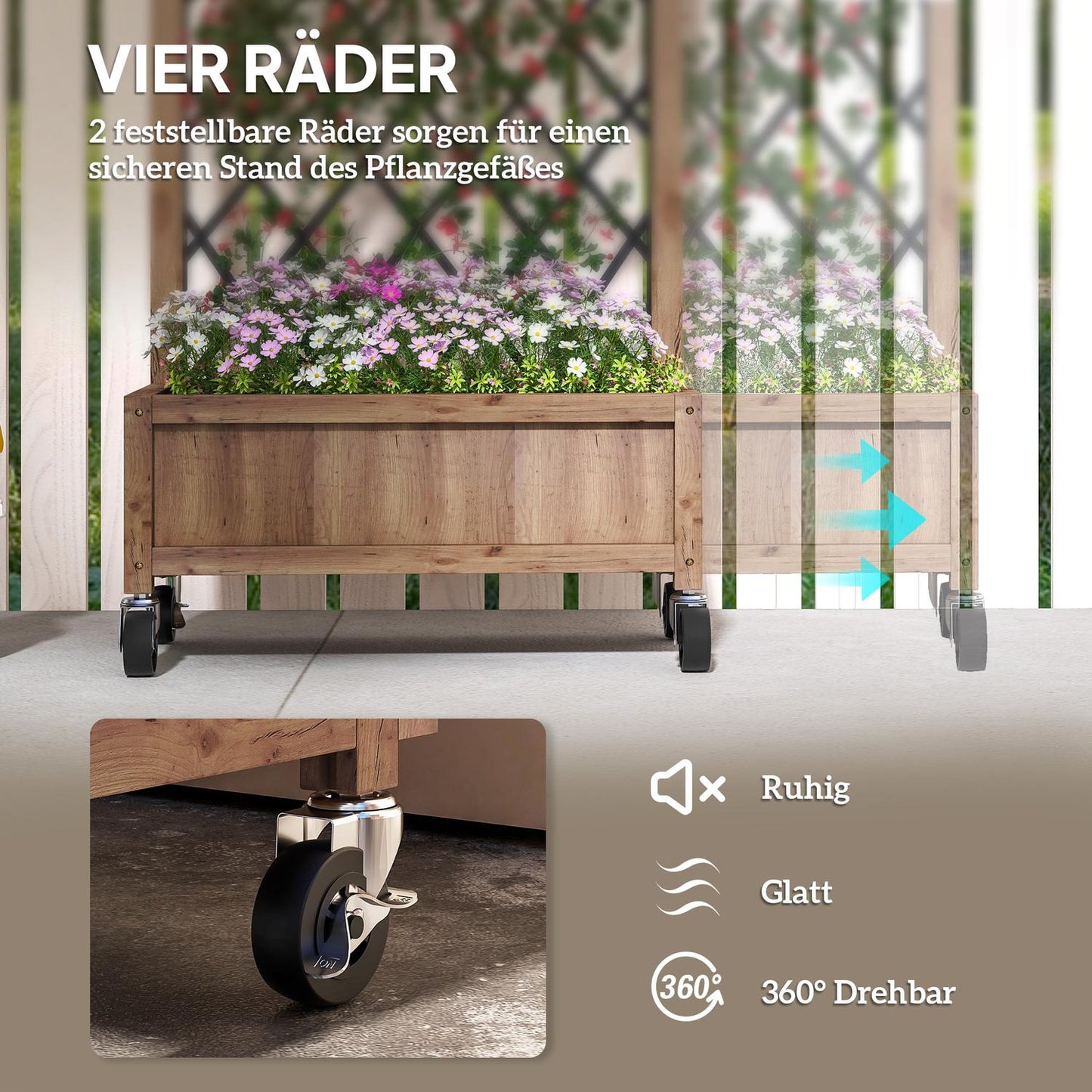 Raised garden bed with trellis and wheels - Wood, 152x25x97 cm