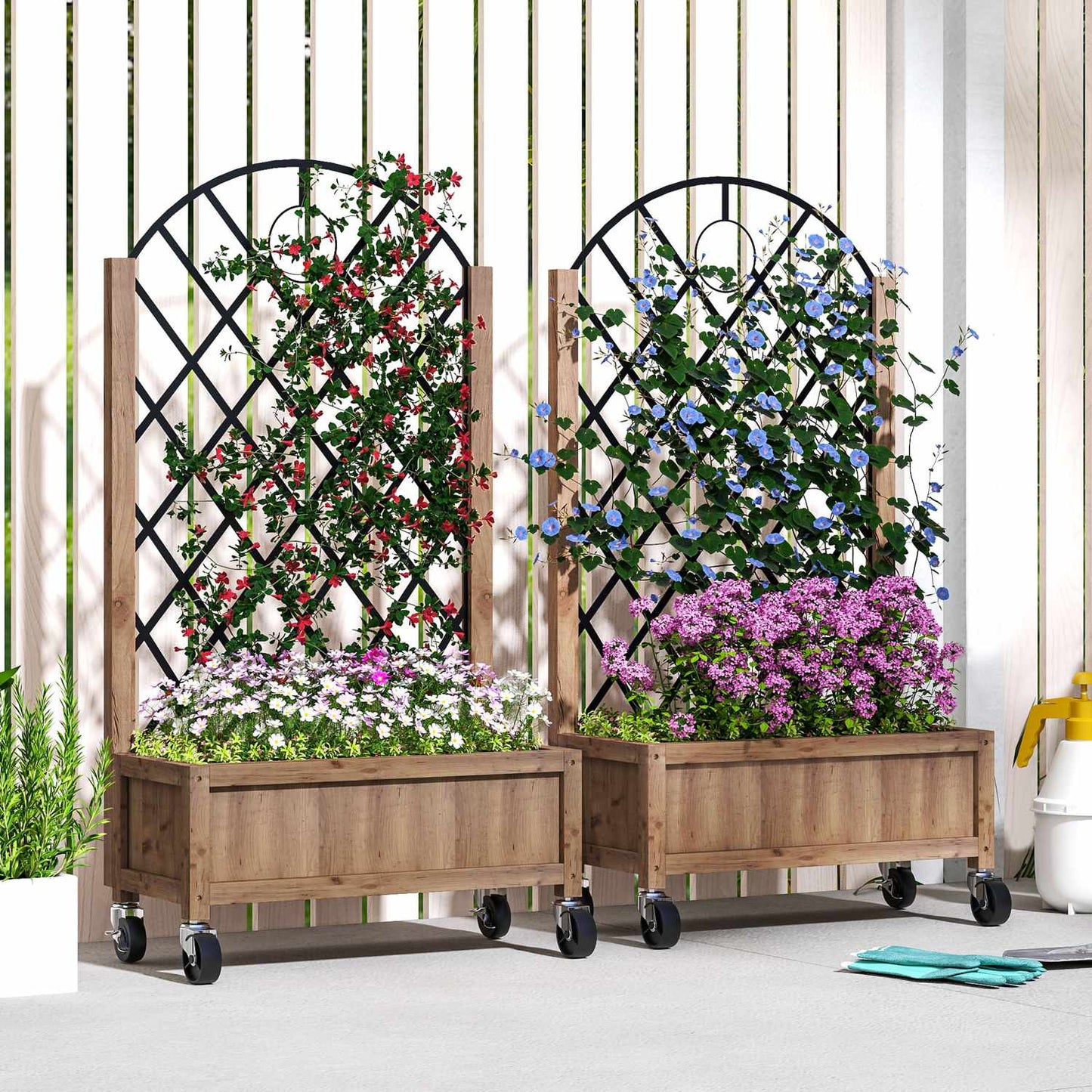 Raised garden bed with trellis and wheels - Wood, 152x25x97 cm