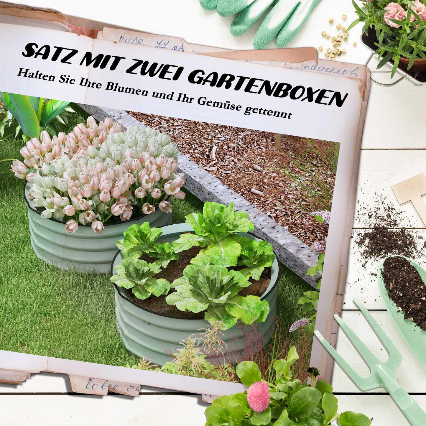 Raised steel garden beds, stackable, 60x30 cm, set of 2