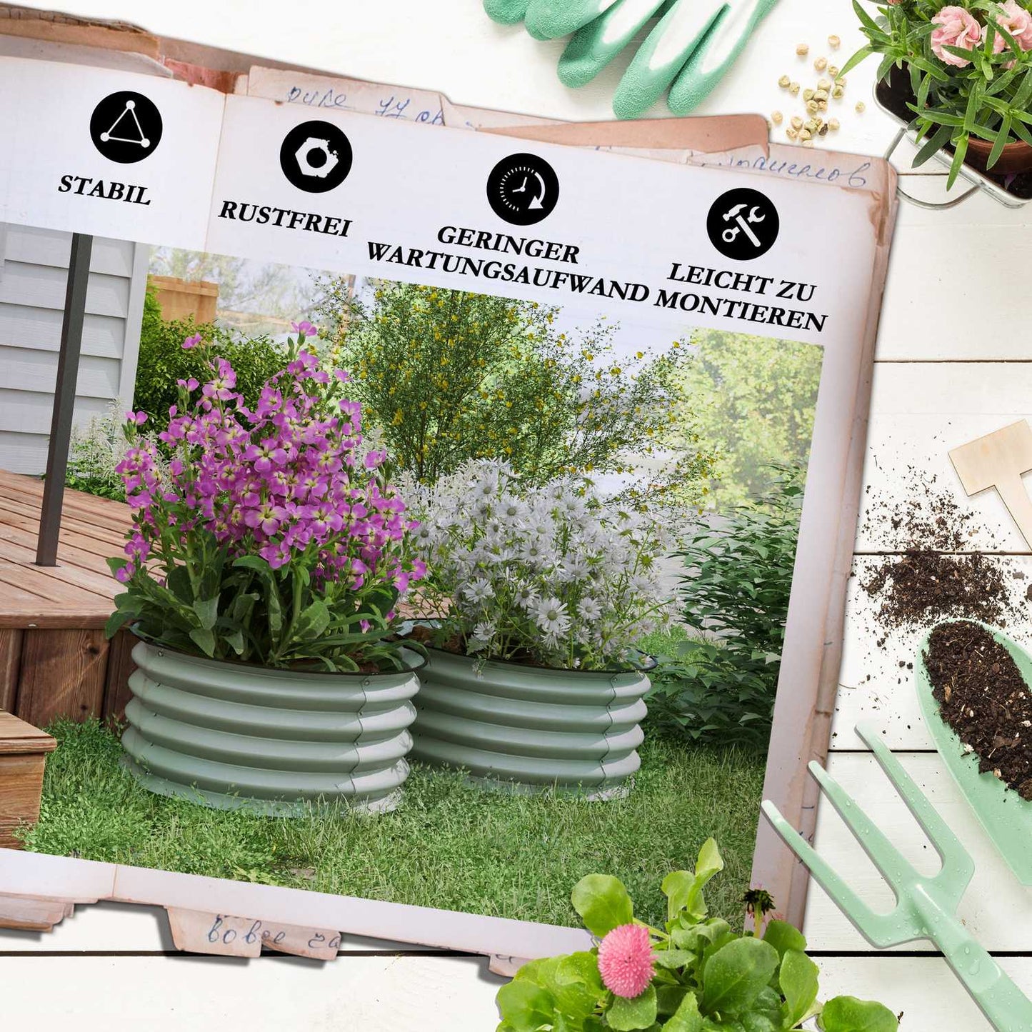 Raised steel garden beds, stackable, 60x30 cm, set of 2